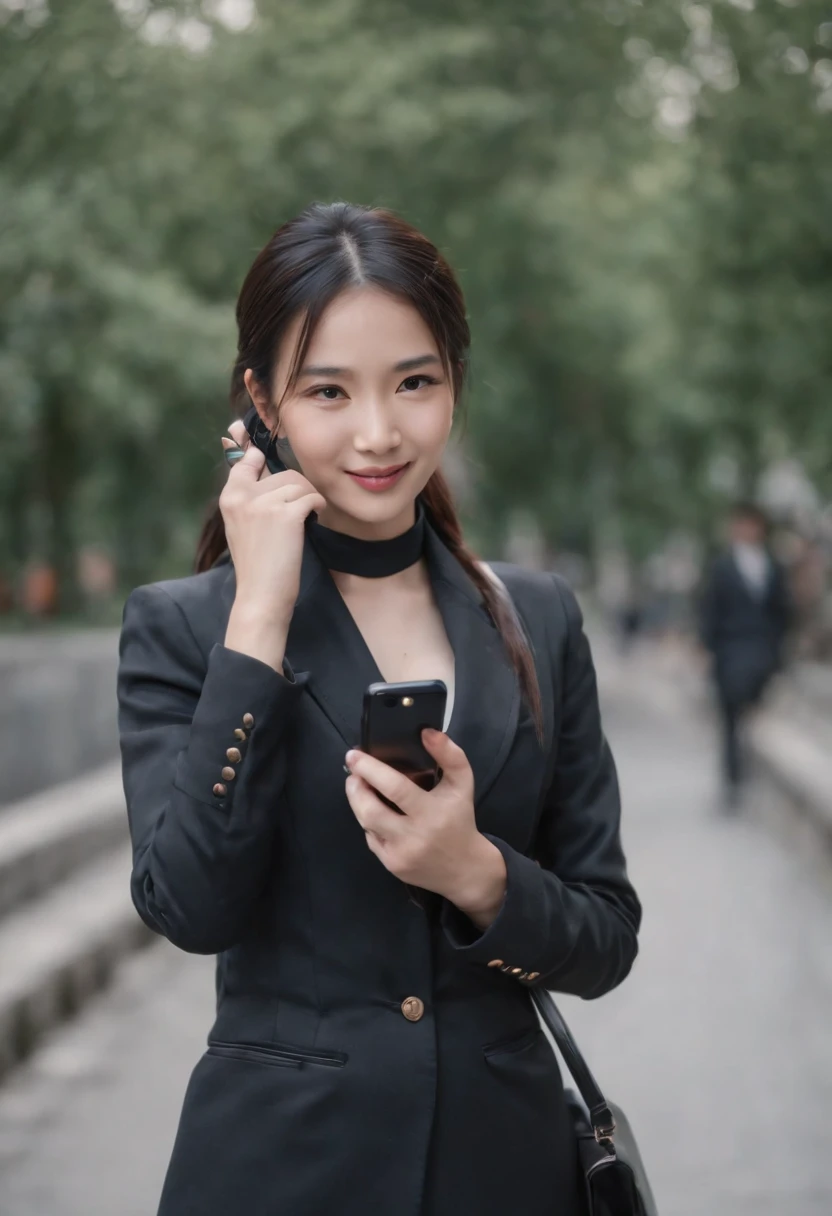 Black leather gloves in both hands, blazer and ribbon uniform, black hair ponytail, upper body, conversation with a smile with a black smartphone, cute Japanese girl (black leather gloves covering both hands) traveling alone