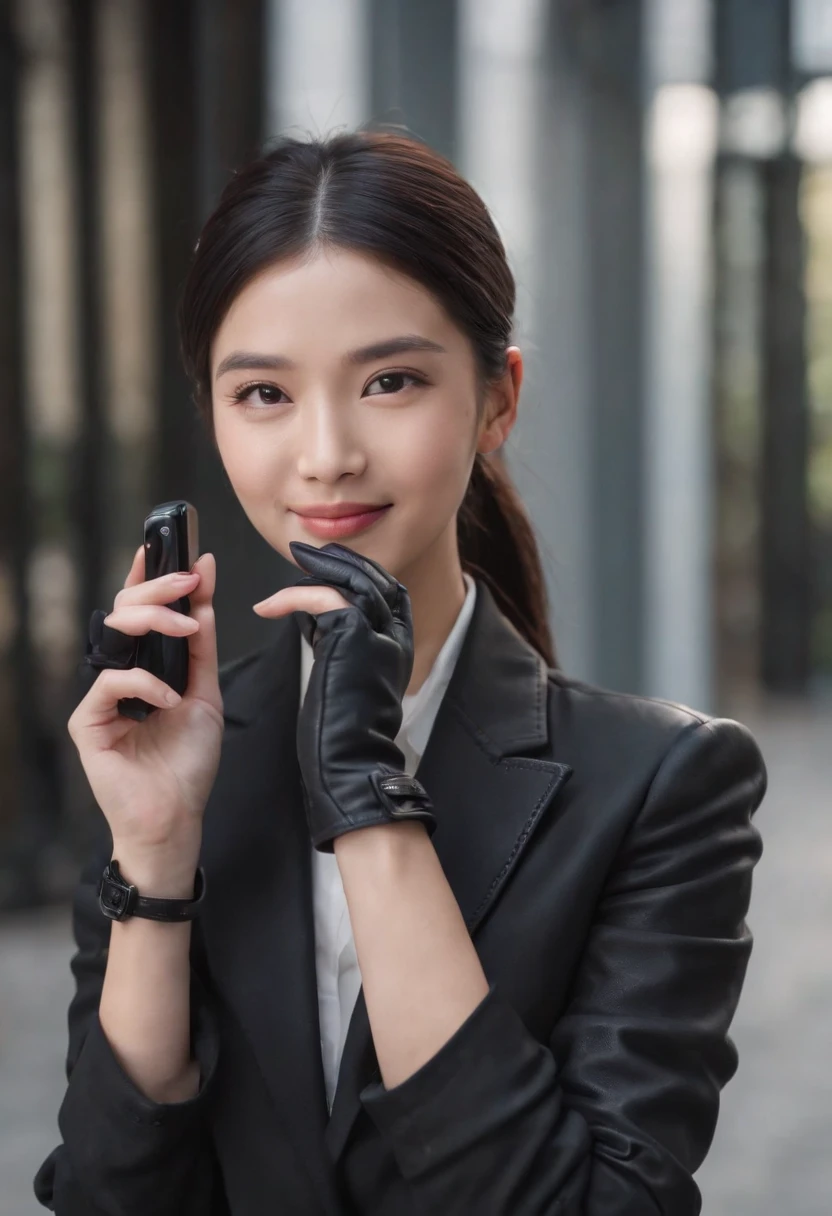 Black leather gloves in both hands, blazer and ribbon uniform, black hair ponytail, upper body, conversation with a smile with a black smartphone, cute Japanese girl (black leather gloves covering both hands) traveling alone