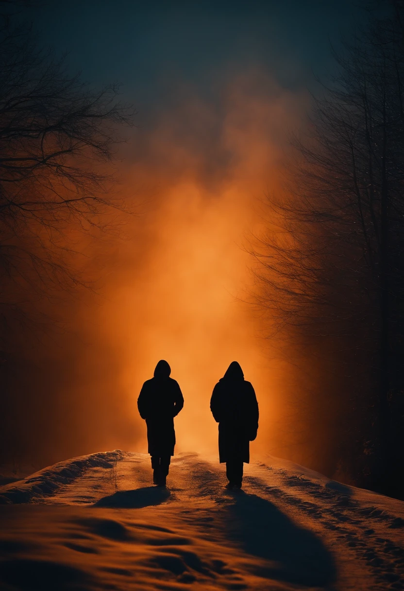 silhouettes of mysterious beings walls in dark blue tones orange smoke looking like a ghost from the past haunting the icy landscape