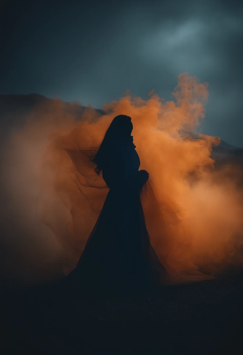 silhouettes of mysterious beings walls in dark blue tones orange smoke looking like a ghost from the past haunting the icy landscape