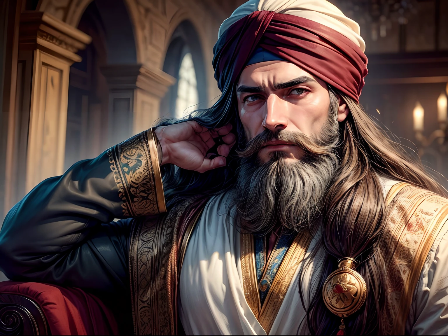 There is a man with a long beard and a red hat, retrato de arte conceito de fantasia, portrait of bedouin d&d, pintura artstation, arte de personagem impressionante, O melhor da artstation, pintura de personagem bonita, epic exquisite character art, personagem de fantasia hiperdetalhado, Wlop e Andrei Riabovitchev, Winner of the Art Station contest, retrato do personagem da fantasia, art-station