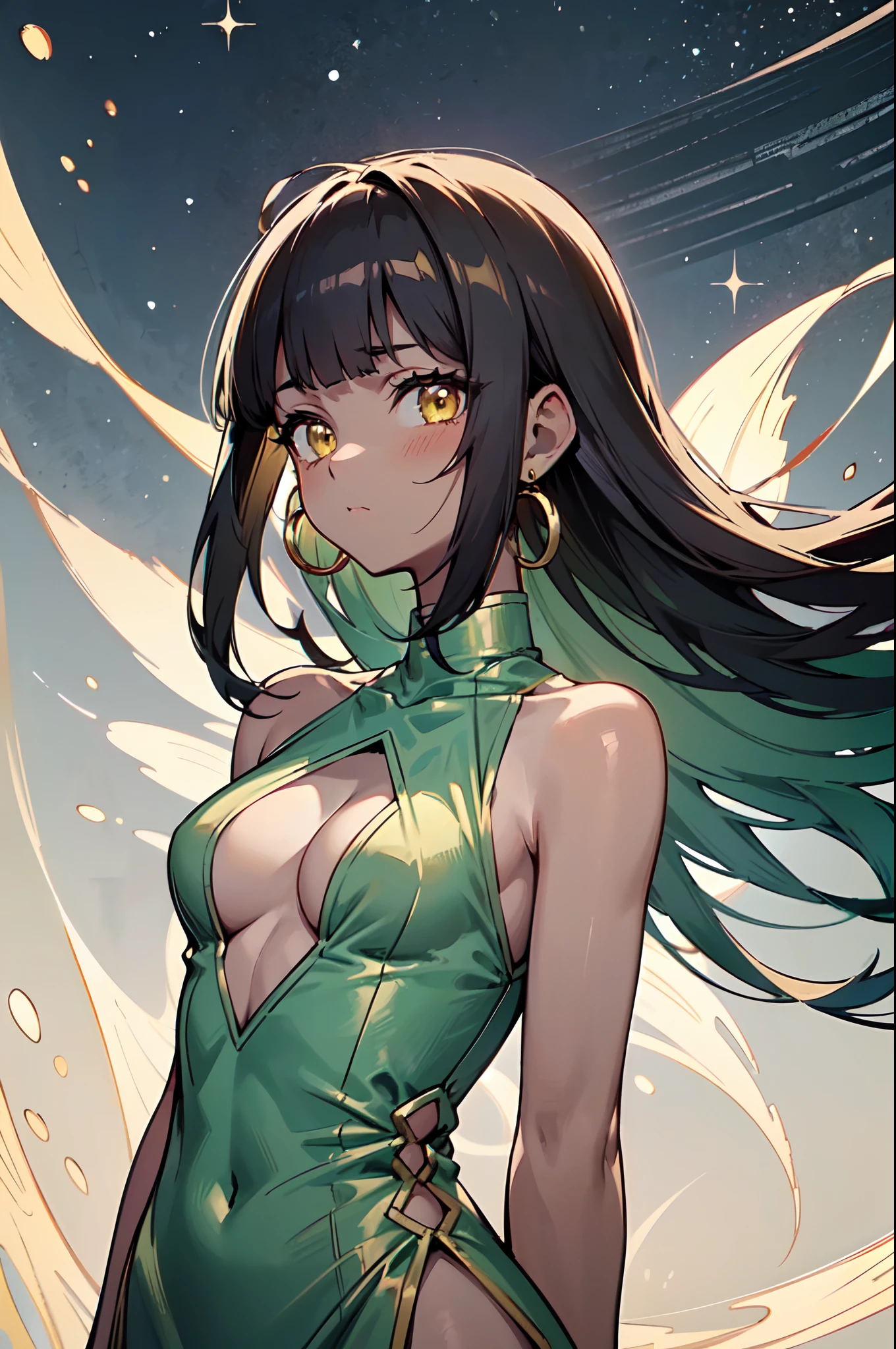 1girl, solo, teen, cute petite girl, (dark skin:1.3), black hair, (long hair, big hair), ((hime cut, blunt bangs, blunt sidelocks)), hair flowing down, messy hair, straight hair, yellow eyes, glowing eyes, gold earrings, egyptian clothes, colorful dress, (jade green dress, green dress, pelvic courtain, gold accesories, golden accesories), ((center cleavage cutout)), abs, old fashioned clothes, (small ???????), inexpressive, neutral, standing, arms down, arms behind back, looking at viewer, (upper body, face focus), (impressionism, starry night, abstract background, floating), masterpiece, best quality, 16k