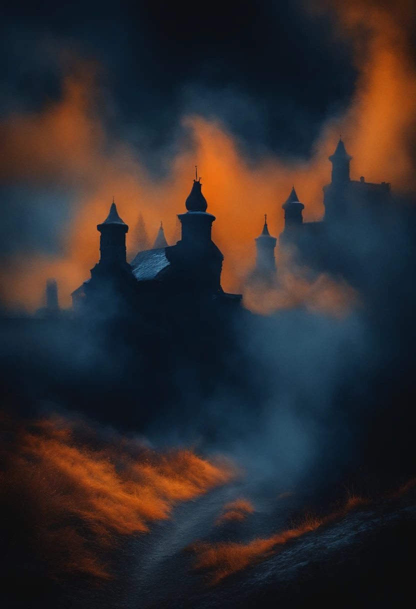 silhouettes of mysterious beings walls in dark blue tones orange smoke looking like a ghost from the past haunting the icy landscape