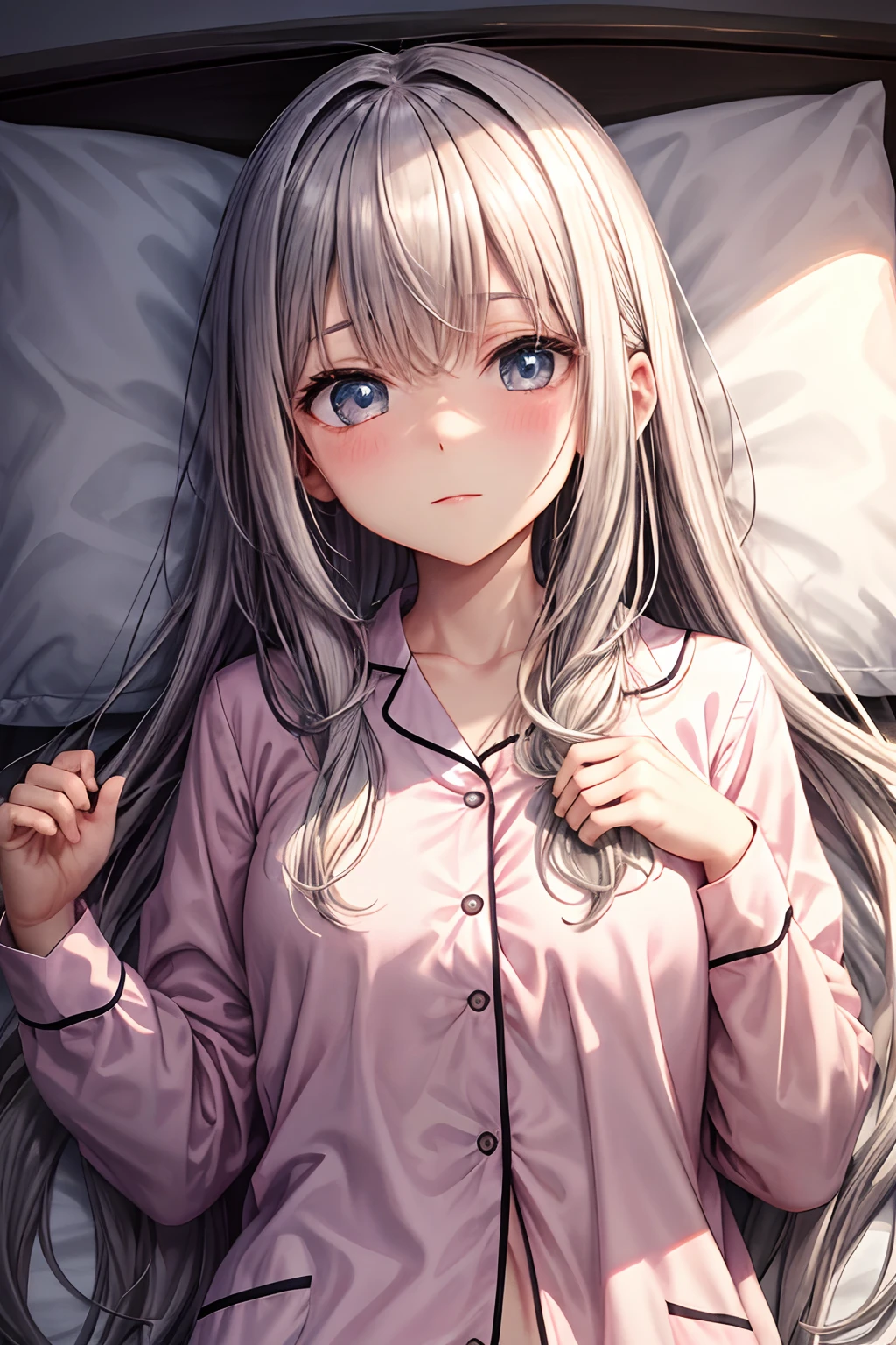 4k shy expression, People with gray hair and long-haired , White skin, Light pink pajamas, Lying on your stomach in bed,Blushing shyly,Pure big eyes look at you pitifully