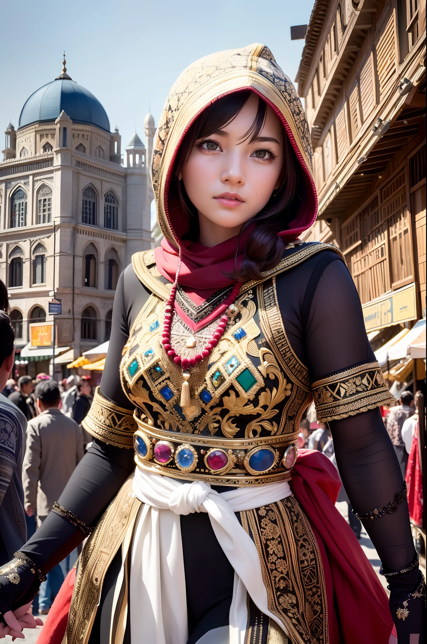 Create a stunning Assassin’s Creed Concept Art piece in the style of ultra-realistic, ultra-detailed visuals. Depict a young and graceful girl wearing traditional Persian clothing, complete with a hood, as she navigates through the vibrant bazaar of a bustling Persian town. Capture the intricate details of the architecture, the rich textures of the fabrics, and the vivid colors of the market stalls, transporting viewers to a vivid and immersive world