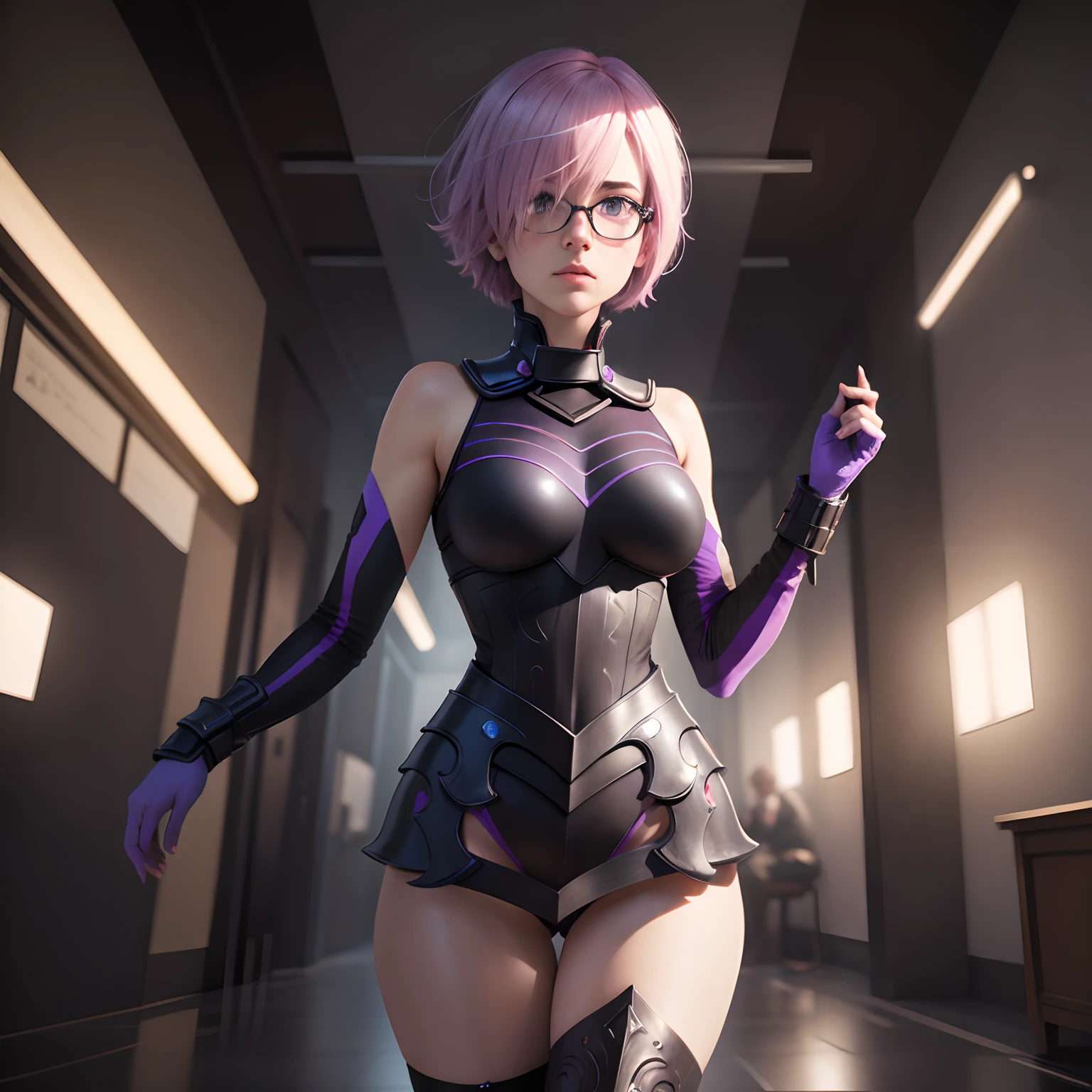 ((Personagem hyper realista)), (Mash Kyrielight de 20 anos), Fate Grand Order, sentada, coxas expostas, corpo inteiro, corpo perfeito, corpo intrincado, cabelo curto, cabelo rosa, eyeglass, hiper realista, qualidade extrema, maximum details, max quality, Hyper realistic cinematic lighting