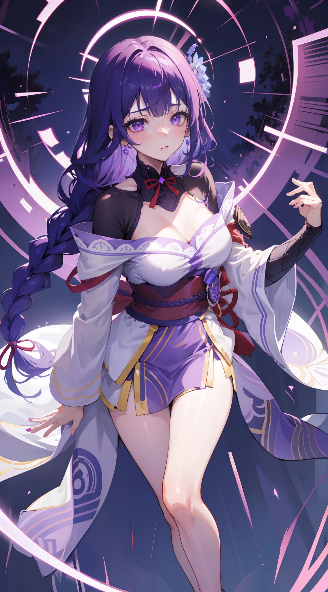 bare legs, ((HighestQuali,tmasterpiece,8k wallpaper)),((Pale skin,)),1girll,Solo Woman,((Genshin_impact,Raiden general)),light particules,Purple thunderbolt,Bright background,the cherry trees,purple color-theme,Delicate facial features,Sexy beautiful anime girl,Raiden general,Long purple hair,rosy lips,Anime mouth,Keep one's mouth shut,A sexy mature woman,(Severely melancholy face),Detailed eyes,busty figure,buliding,