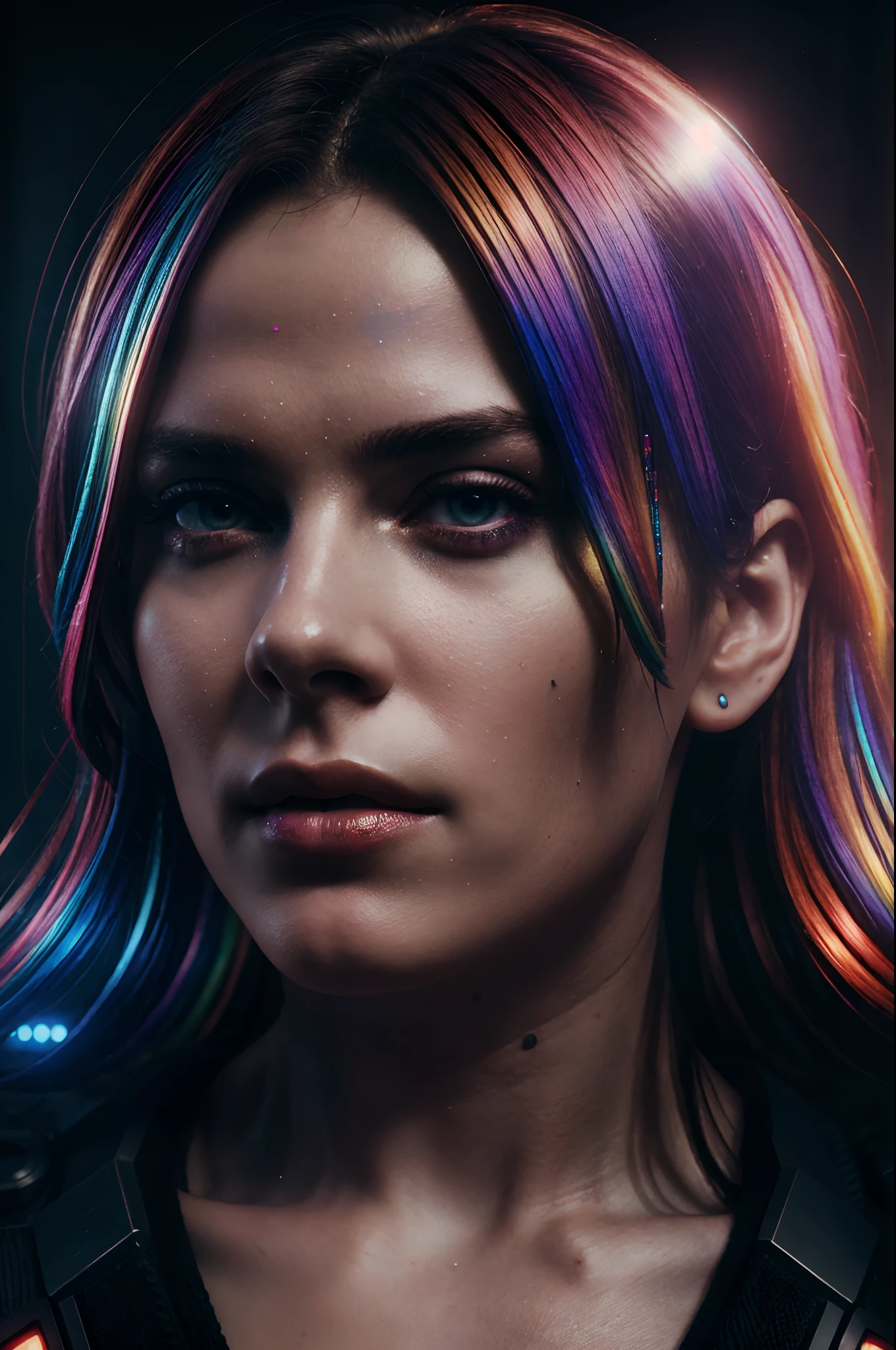 hyper realistic photograph portrait cyberpunk rainbow Female, masterpiece, best quality, photorealistic, cinematic lighting, rainbow atmosphere, volumetric lighting, 64k, ULTRAHD SHOT