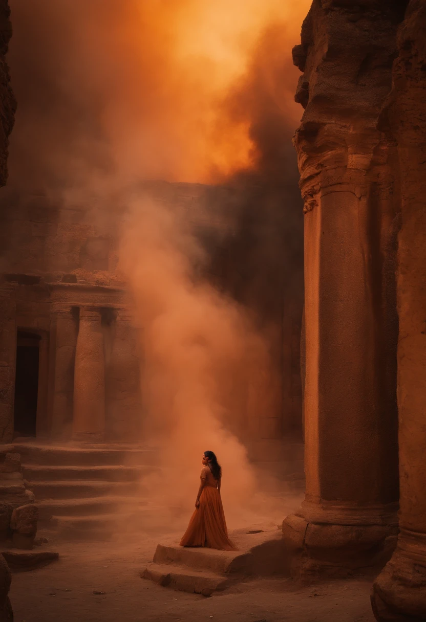 ruins of an ancient time being observed by orange smoke with a woman's face 4k