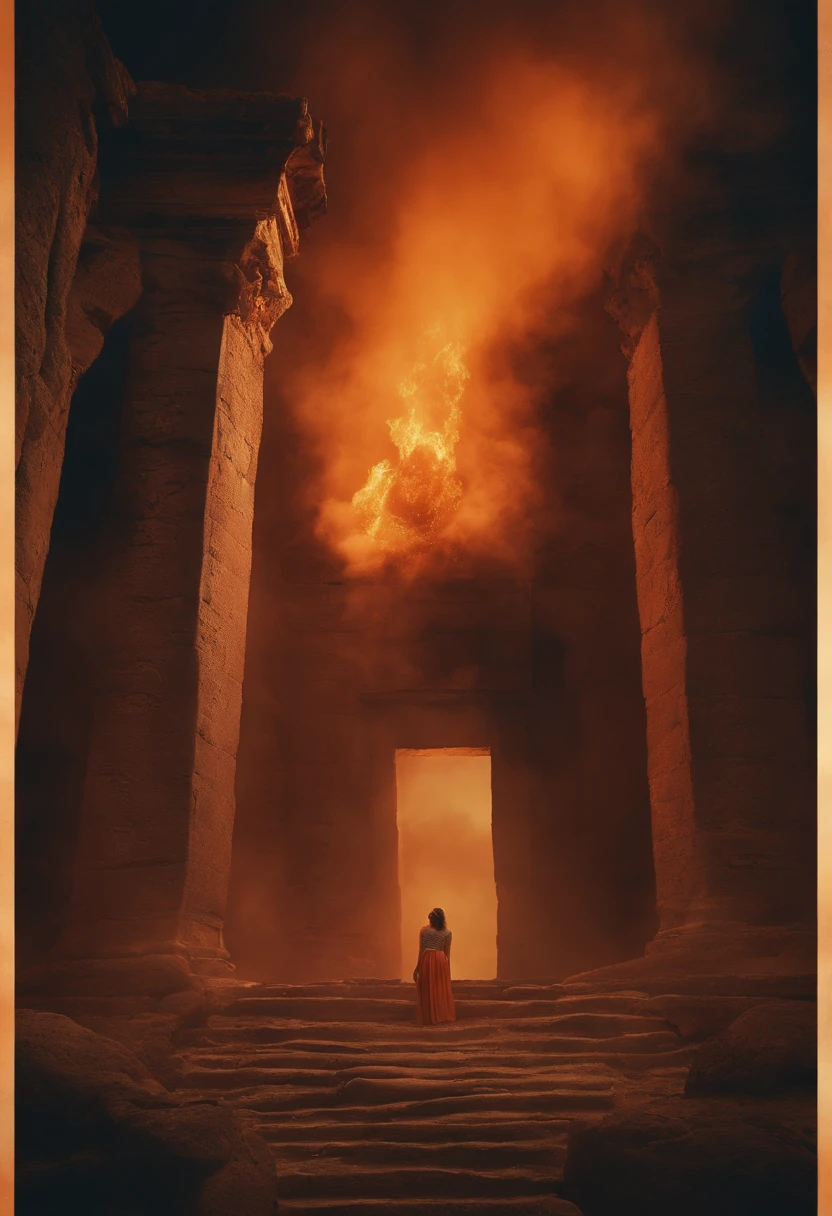 ruins of an ancient time being observed by orange smoke with a woman's face 4k