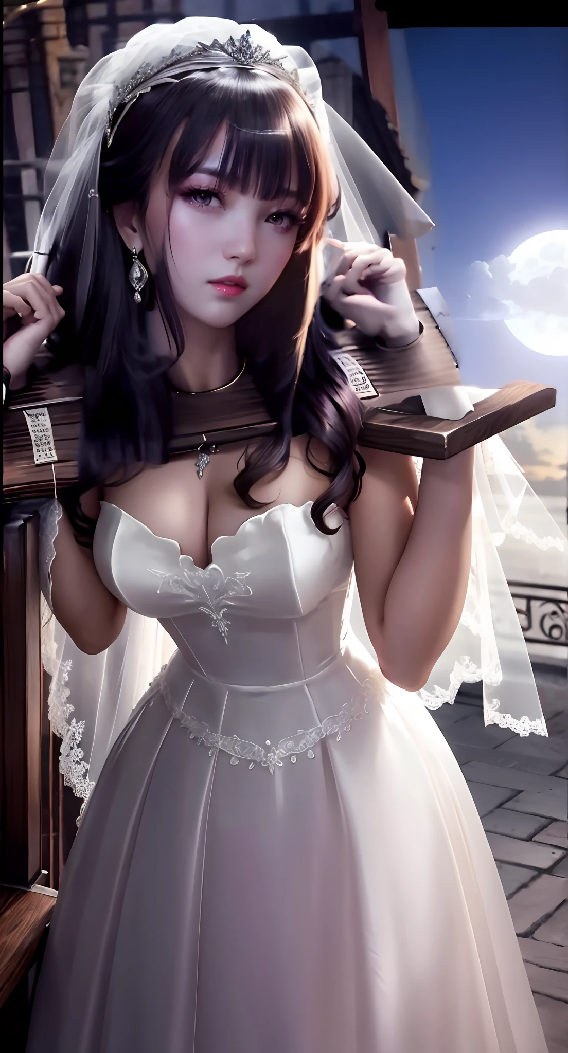 Close-up of a beautiful bride in a beautiful wedding dress, Gurvetz,( pillory:1.5), Flail on the head, Flail on the hands, Flail,(Bridal veil: 1.5), (Short transparent veil: 1.5), Flushed face, Head flower, head gear, (Tubular wedding dress: 1.5), (Silk dress: 1.2 ), (Strapless wedding dress: 1.5), Pure white dress, necklace, Earrings, (Huge breasts: 1.3), Deep V heart collar wedding dress, bangs, lipstick, (Lace gloves: 1.3), Full body photo, High detail RAW color art, a white long skirt, Whole body, with hands behind her back, and floor-length skirts,
