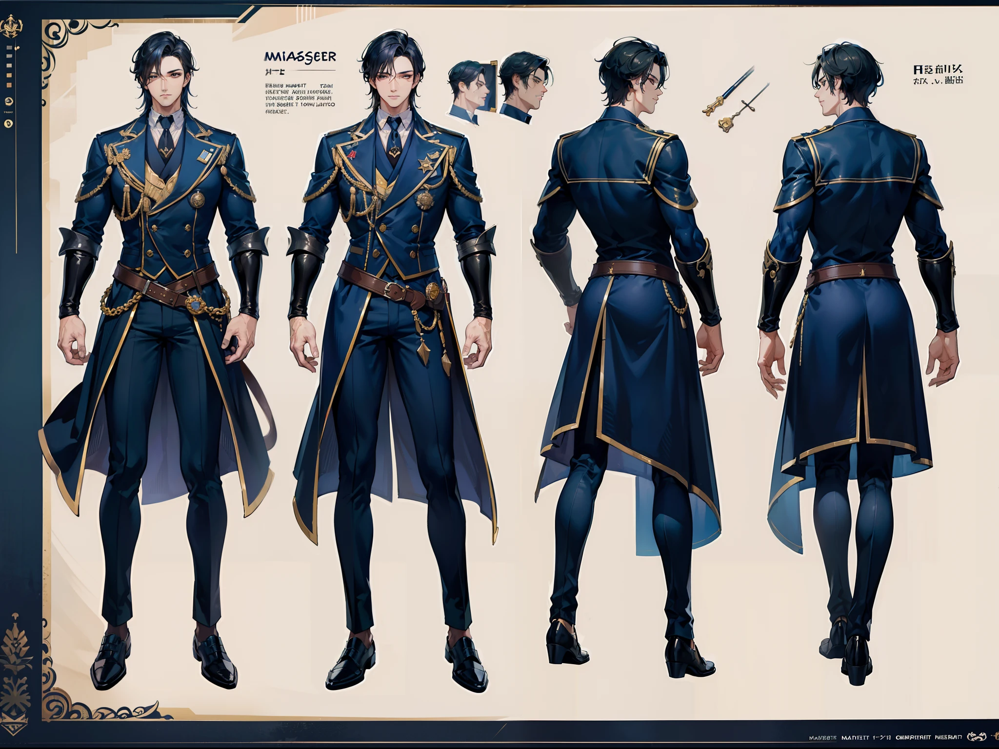 ((Masterpiece, Highest quality)), Detailed face, character design sheet, full bodyesbian, Full of details, frontal body view, back body view, Highly detailed, Depth, Many parts, Muscle boy with black hair,handsome man, navy, commander, man tall