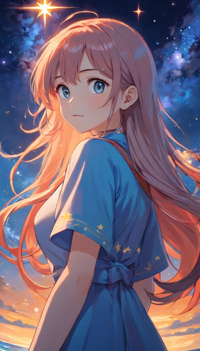 ((master part)), ((best quality)), ((illustration)), extremamente detalhado,estilo menina, A Long Shot, peito pequeno,cinza claro muito_Longas_Hair, enfeites de cabelo scifi, belos olhos profundos detalhados, beautiful detailed sky, Beautiful detailed water, Cinematic lighting, Dramatic angle, (mangas muito compridas), Frescuras, formal, perto do visualizador, (um extremamente delicado e bonito),best quality,Altas,Arte Oficial,extremamente detalhado CG unidade 8k papel de parede, ((Starry sky)), Rio das Estrelas,estrelas de matriz, Holy, nobre, ((oil painting)) , ((papel de parede 8k cg)), (Realistic), arte conceitual, variar azul e vermelho e laranja e rosa luz dura, luz intrincada, dynamic hair, Cabelo, Dynamic confusion, Beautiful and Aesthetic, luz intrincada, manga and anime