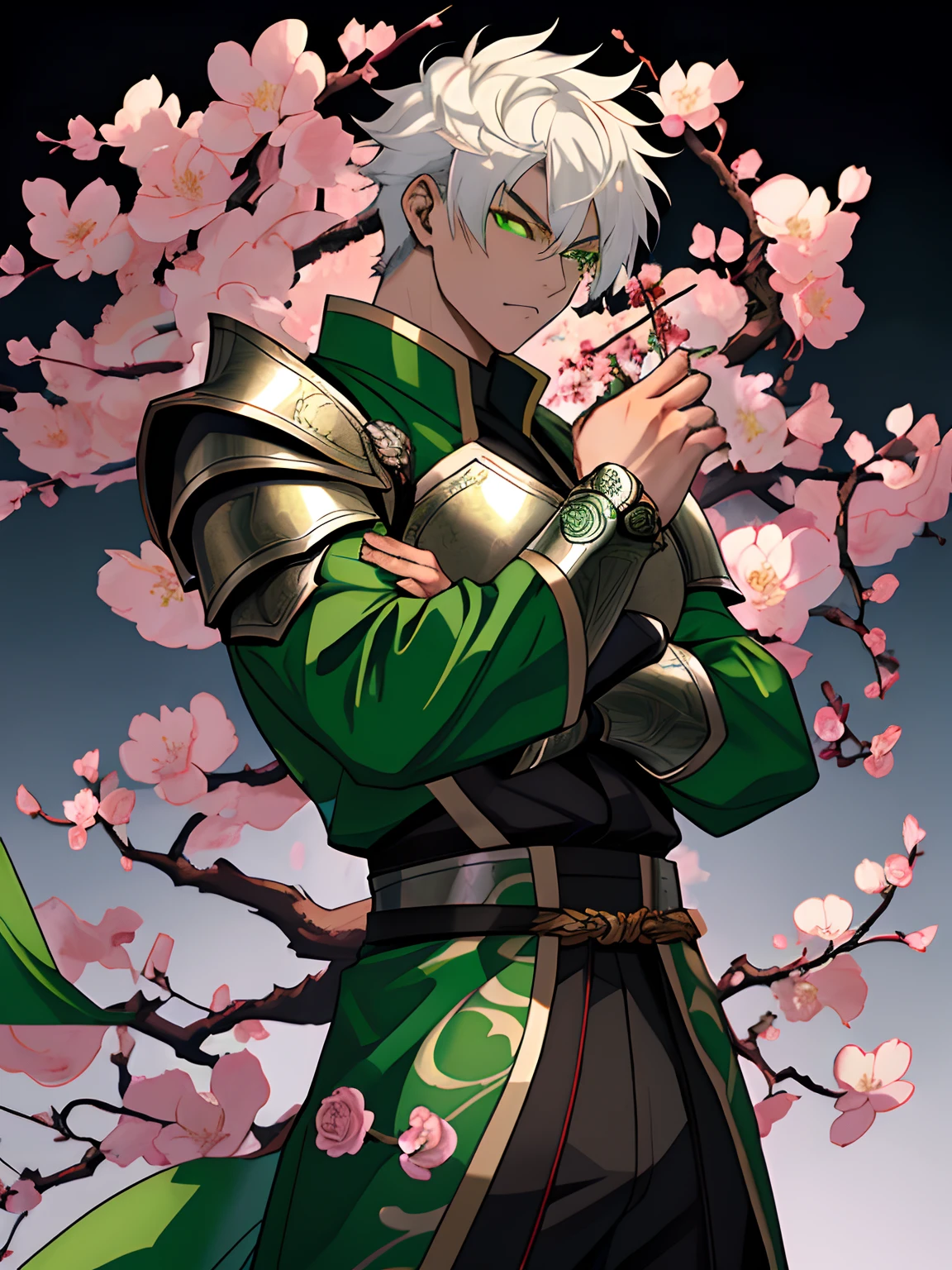 Asian man with glowing green eyes, short white hair, fierce determination, killer intent, male, anime style, 4k image ,wrapped around in rose vines, wearing green dragon pattern metal armor outfit, ethereal, cherry blossom background