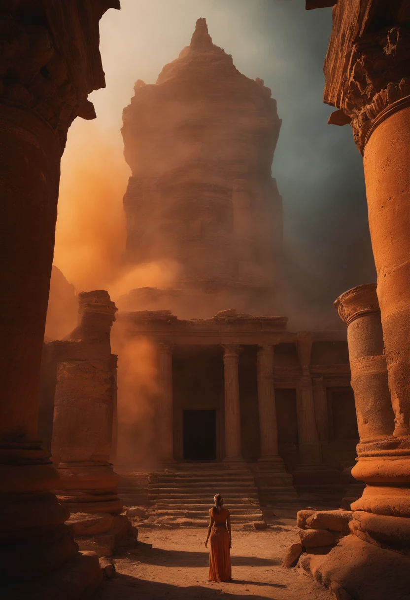 ruins of an ancient time being observed by orange smoke with a woman's face 4k