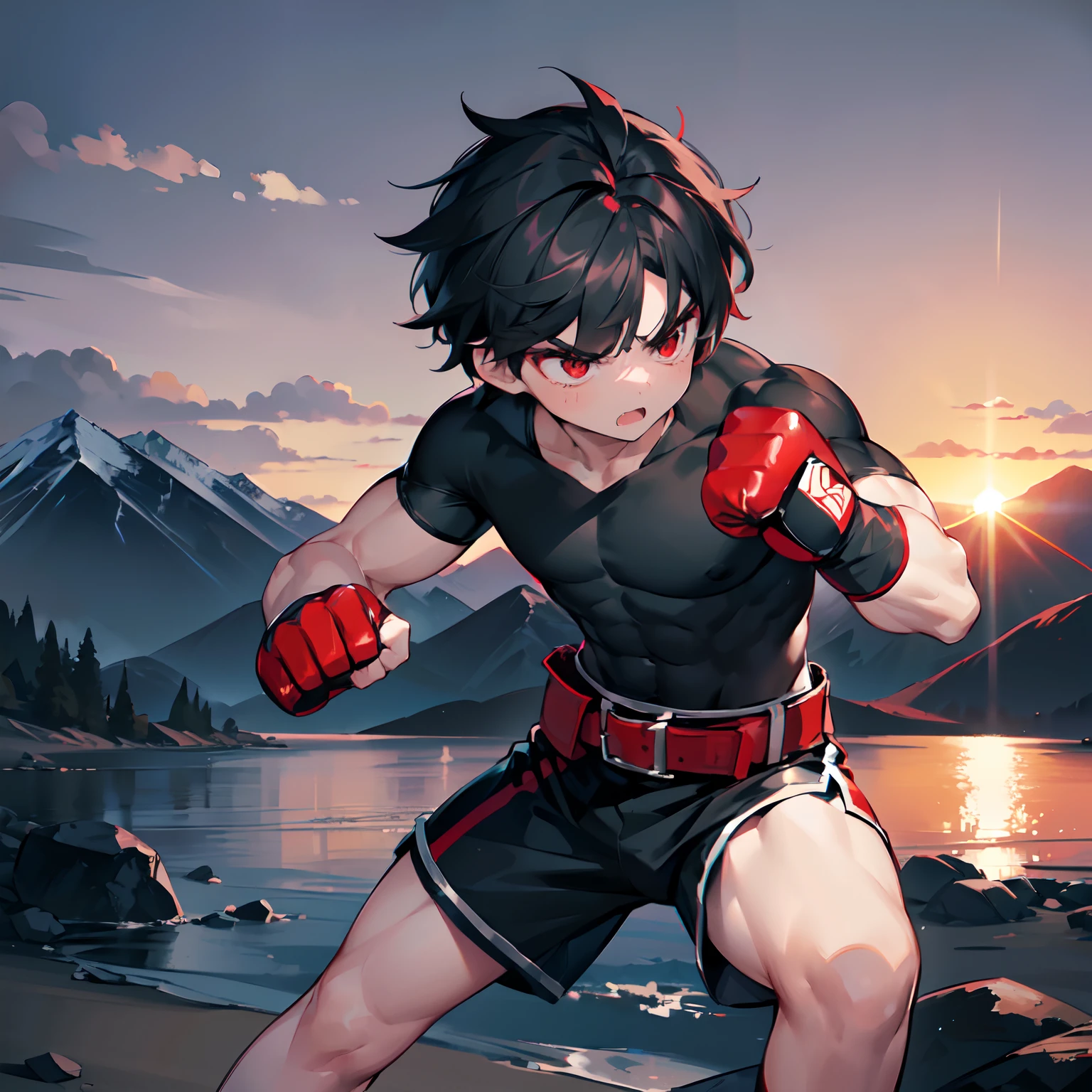 masterpiece, best quality, ultra detailed, fine details, boy, 1boy, red eyes, black compression shirt, long black compression shirt, Black Shirt, lean muscular body, well defined muscles, punching, long red boxer gauntlets, gloves boxer in hands, fighting pose, mountain background, sunset, (white hand wrap), ((shorts)) red boxing, no belt, barefoot, (red armbands twisted), random boxing pose, (centered ), (((solo))), average height, teenager, messy black hair, black hair, short voluminous hair, spiky hair, angry face, mountain background, sunset