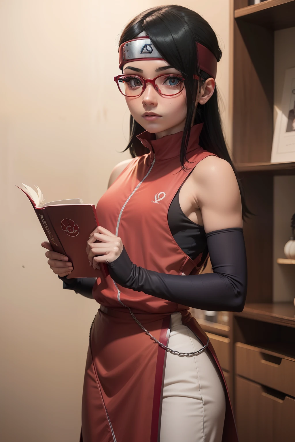 Sarada, ( cabelo preto curto) , olhos vermelhos, (pelos curtos), ((cabelo curto)), and with red glasses , peach skin , peitos grandes, tem 10 anos ,Use uma roupa shinobi , Fica no quarto da Academia Shinobi, Holding a photo album, pele branca, rosto extremamente detalhado, rosto perfeito, perfect hands, olhos cor vermelha, olhos vermelhos, olhos detalhados, 8k, ultra realista, ultra hd, cor de pele branca, tom de pele claro, cor de pele clara.