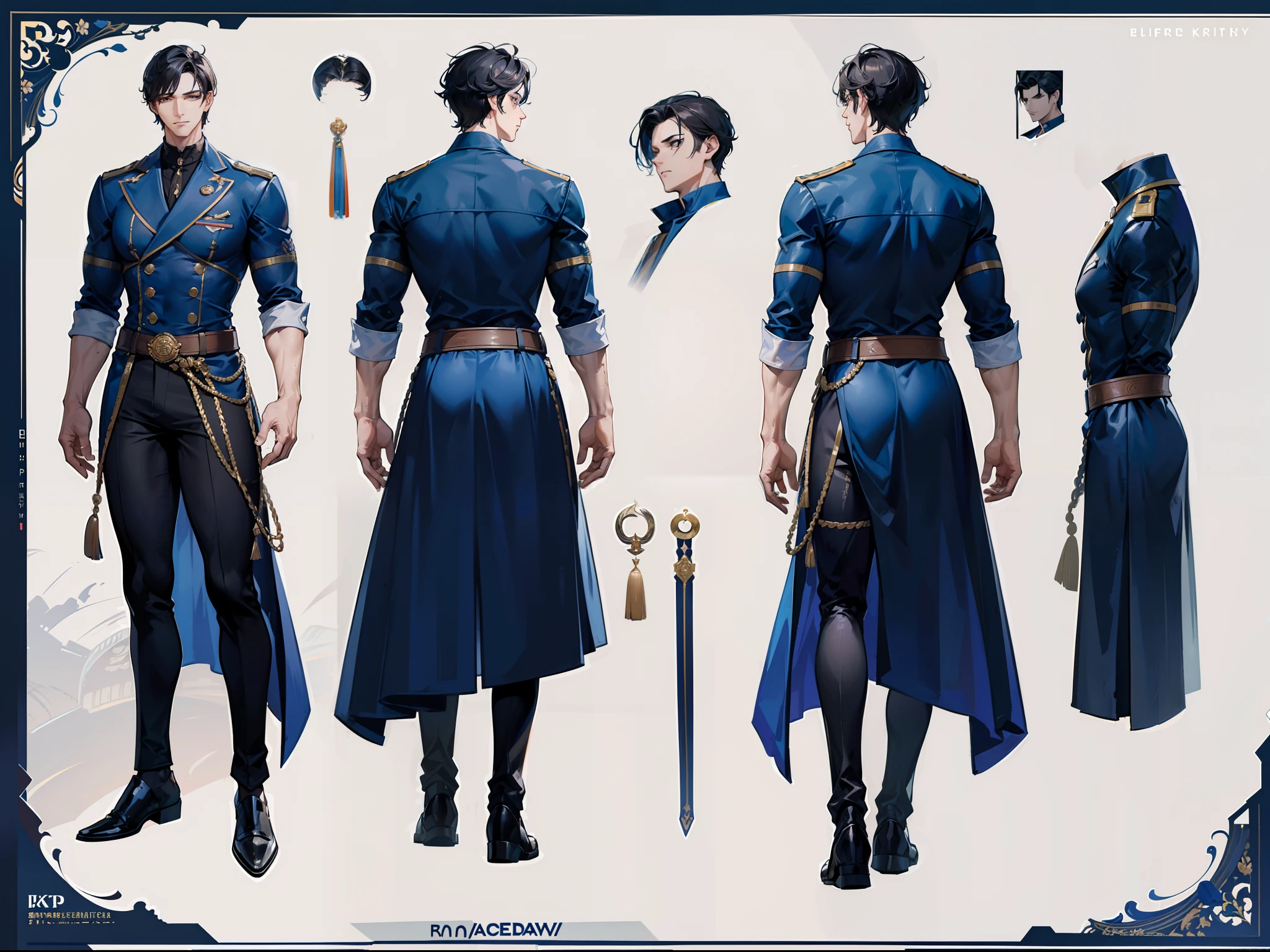 ((Masterpiece, Highest quality)), Detailed face, character design sheet， full bodyesbian, Full of details, frontal body view, back body view, Highly detailed, Depth, Many parts, Muscle boy with black hair，handsome man, navy, commander, man tall