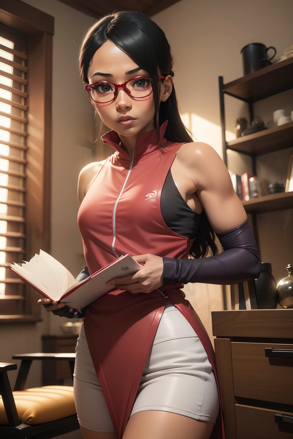 Sarada, cabelo preto curto , olhos negros, and with red glasses , peach skin , peitos grandes, tem 10 anos ,Use uma roupa shinobi , Fica no quarto da Academia Shinobi, Holding a photo album, pele branca, rosto extremamente detalhado, rosto perfeito, perfect hands, olhos cor vermelha, olhos vermelhos, olhos detalhados, 8k, ultra realista, ultra hd, cor de pele branca, tom de pele claro, cor de pele clara.