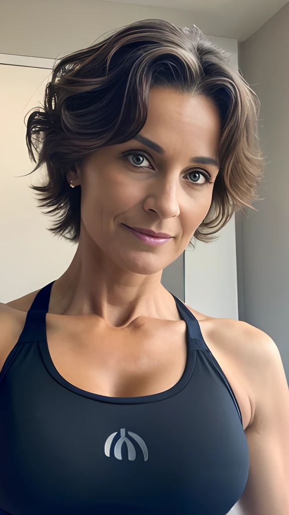 1girl, milf, hot, taken with iphone, iphone 13, hd, gym, sport bra, beautiful, widower, american, 4k, 8k, selfie, 50 years old woman, wavy hair, short hair, tall woman, athletic build
