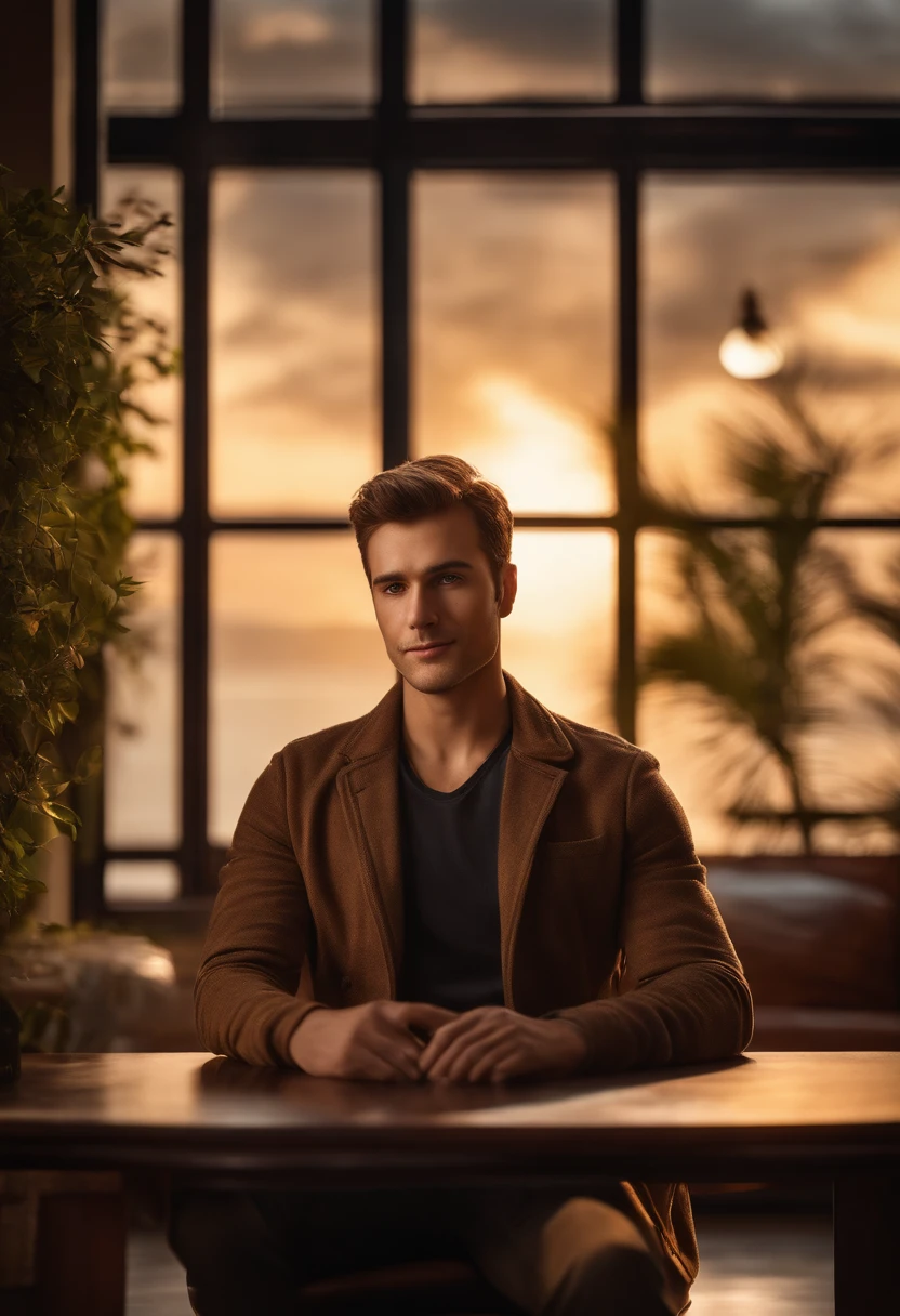 (photorealistic:1.2,fictitious:0.9,)hacker portrait in a modest setting, male, short hair, unshaved, smart-looking, piercing brown eyes, thoroughly-defined jawline, convincing expression, friendly smile, casual dressed, sitting in a simple armchair with a sturdy laptop, soft diffused warm white lighting, warm color scheme, spartanic interior decor, bookshelf in the background, linux artwork on the wall, natural sunlight streaming through the window, a hint of mystery in the atmosphere.
