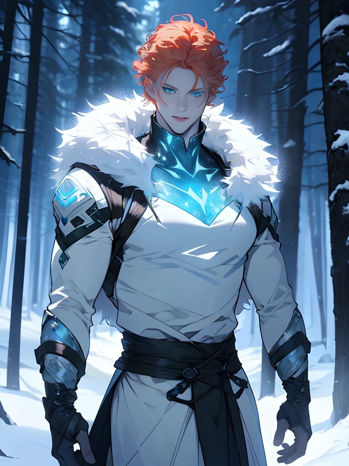 Pale man with Glowing icy blue eyes, curly ginger hair, male, anime style, 4k image, wrapped around in ice magic, wearing futuristic fur viking outfit, ethereal, snowy forest background