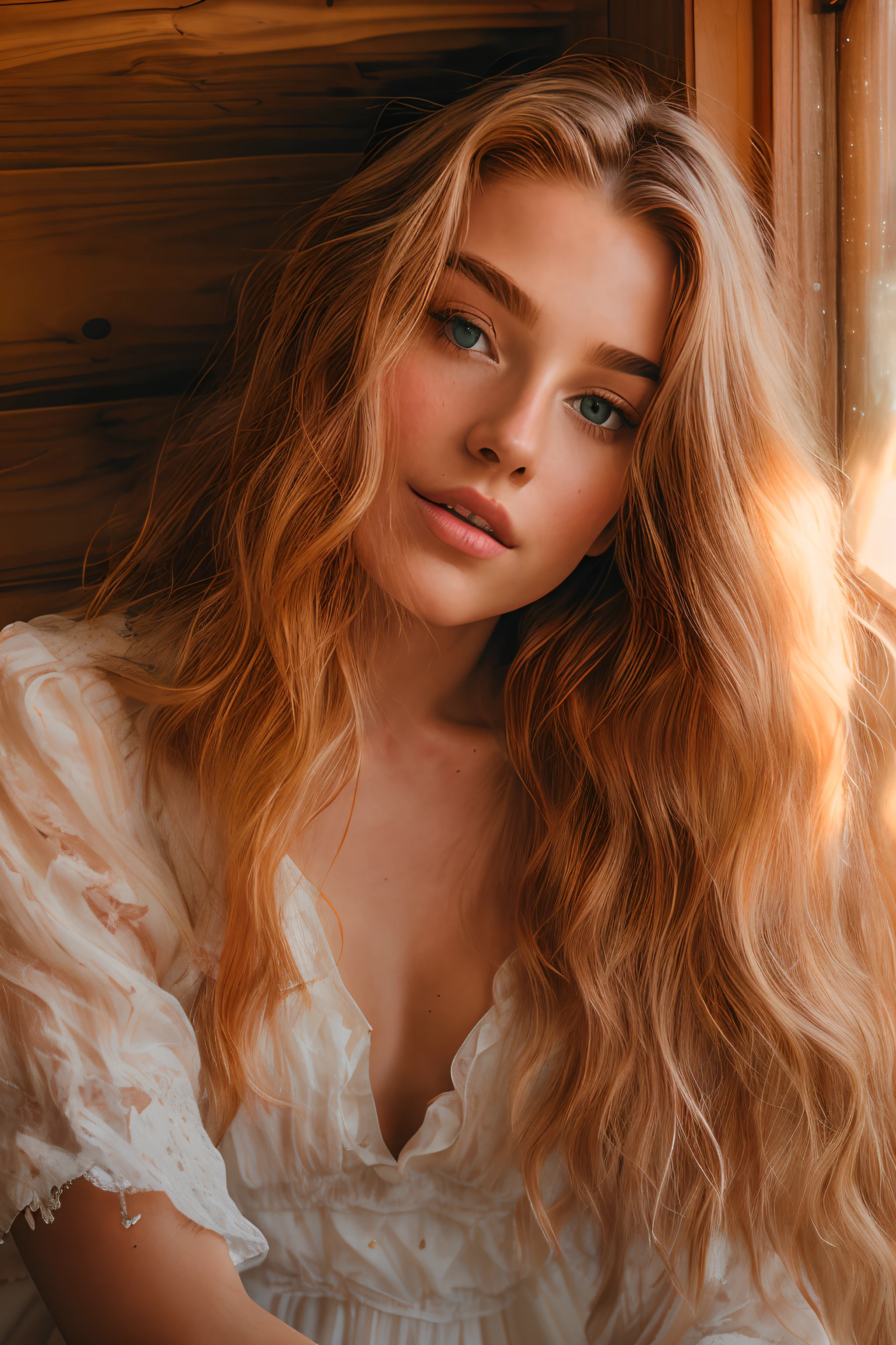 nordic young woman, cute face, seductive, best quality, masterpiece, translucent summer dress, golden hour, detailed textures, long braded hair, sitting on bed, posing, casual pose, wooden cottage, interior, [blush], aesthetic, intricate, caustics, light rays, sunlight, (((soft lips))), (((glossy lips))), highly detailed, (semi-realistic:1.2), niloudef, red hair