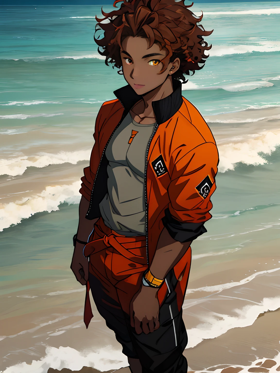 Mixed race black man with glowing orange eyes, curly light brown hair, man, anime style, 4k image ,wrapped around in wind, wearing preppy outfit, ethereal, beach background