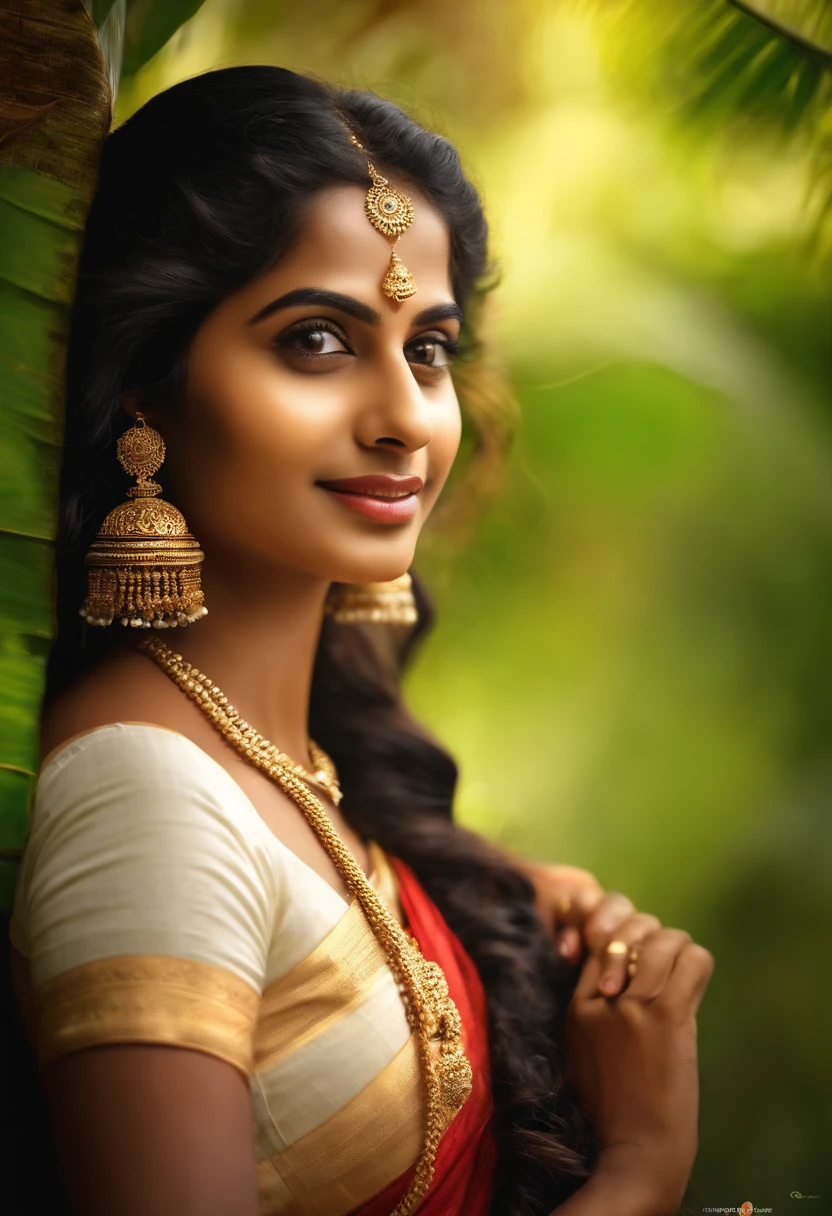 Create an image of a Kerala traditional girl with long, curly hair. She should be looking directly at the camera with a clear and realistic expression on her face. The girl should be wearing traditional Kerala attire, which typically includes a saree or a salwar kameez, and adorned with traditional jewelry and accessories. The background should reflect the cultural and natural beauty of Kerala, with lush greenery and perhaps elements like coconut trees or a serene backwater scene,hot girl, hidden with a sticker,illustration, (best quality, highres), vibrant colors, glowing lighting