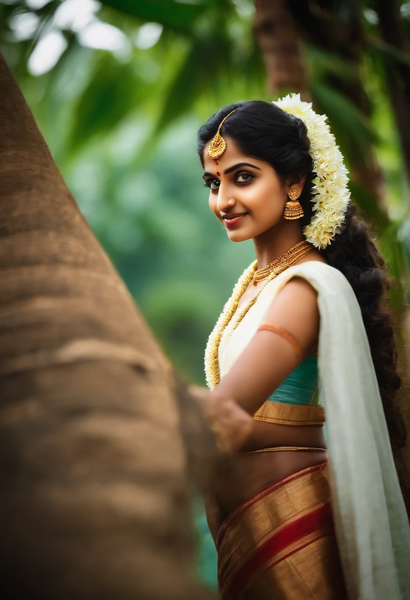 Create an image of a Kerala traditional girl with long, curly hair. She should be looking directly at the camera with a clear and realistic expression on her face. The girl should be wearing traditional Kerala attire, which typically includes a saree or a salwar kameez, and adorned with traditional jewelry and accessories. The background should reflect the cultural and natural beauty of Kerala, with lush greenery and perhaps elements like coconut trees or a serene backwater scene,hot girl, hidden with a sticker,illustration, (best quality, highres), vibrant colors, glowing lighting