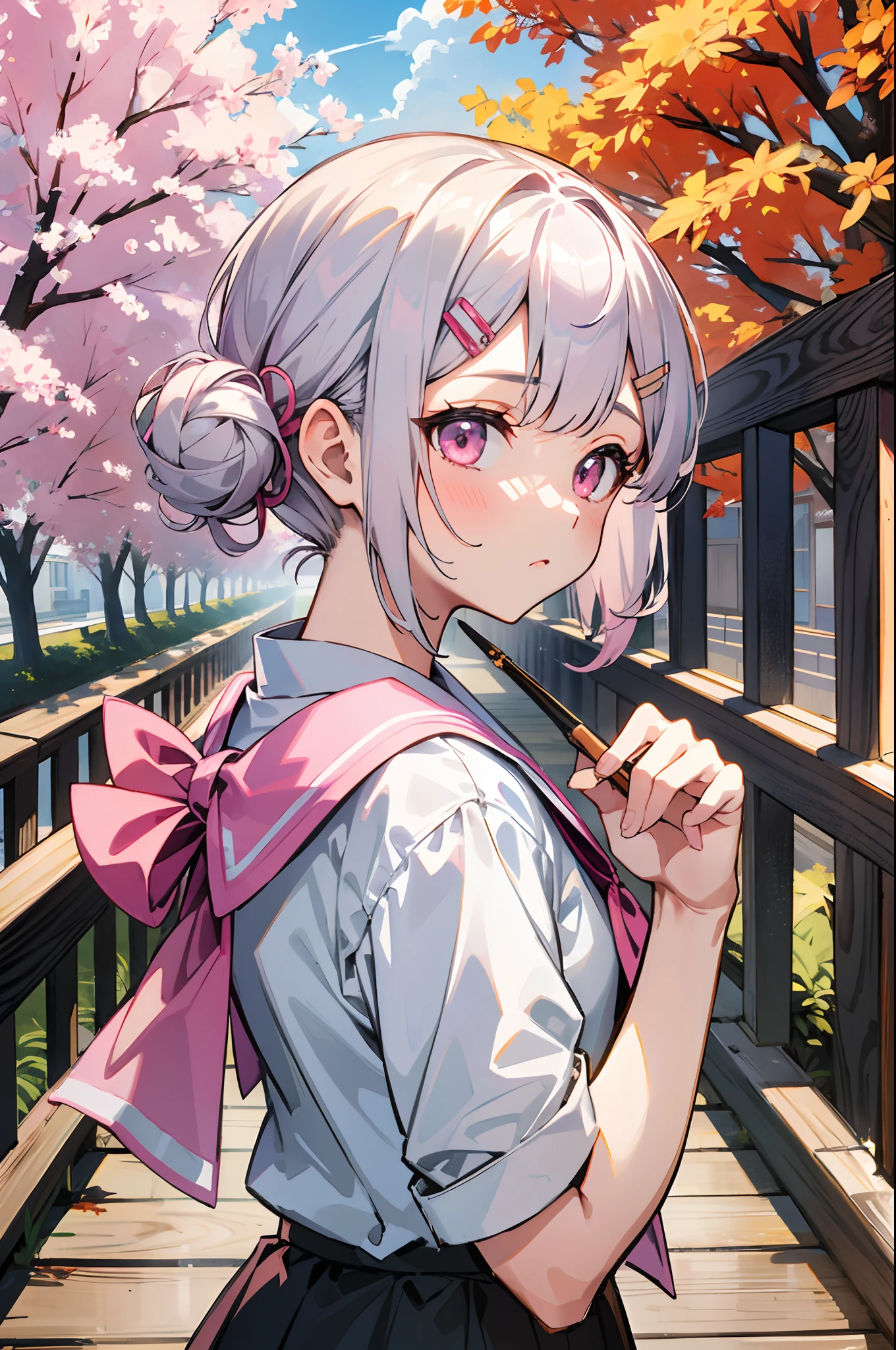 ​masterpiece, top-quality, hight resolution, ighly detailed, 细致背景, 电影灯光, 1girl in, She , Medium chest, Student uniform, White blouse、culottes、Pink ribbon, Short hairstyle with silver hair and bob, Hair tied in a bun with a hair clip, Pink eyes, looking at the viewers, buliding, outside of house, Trees in autumn, bokeh dof,