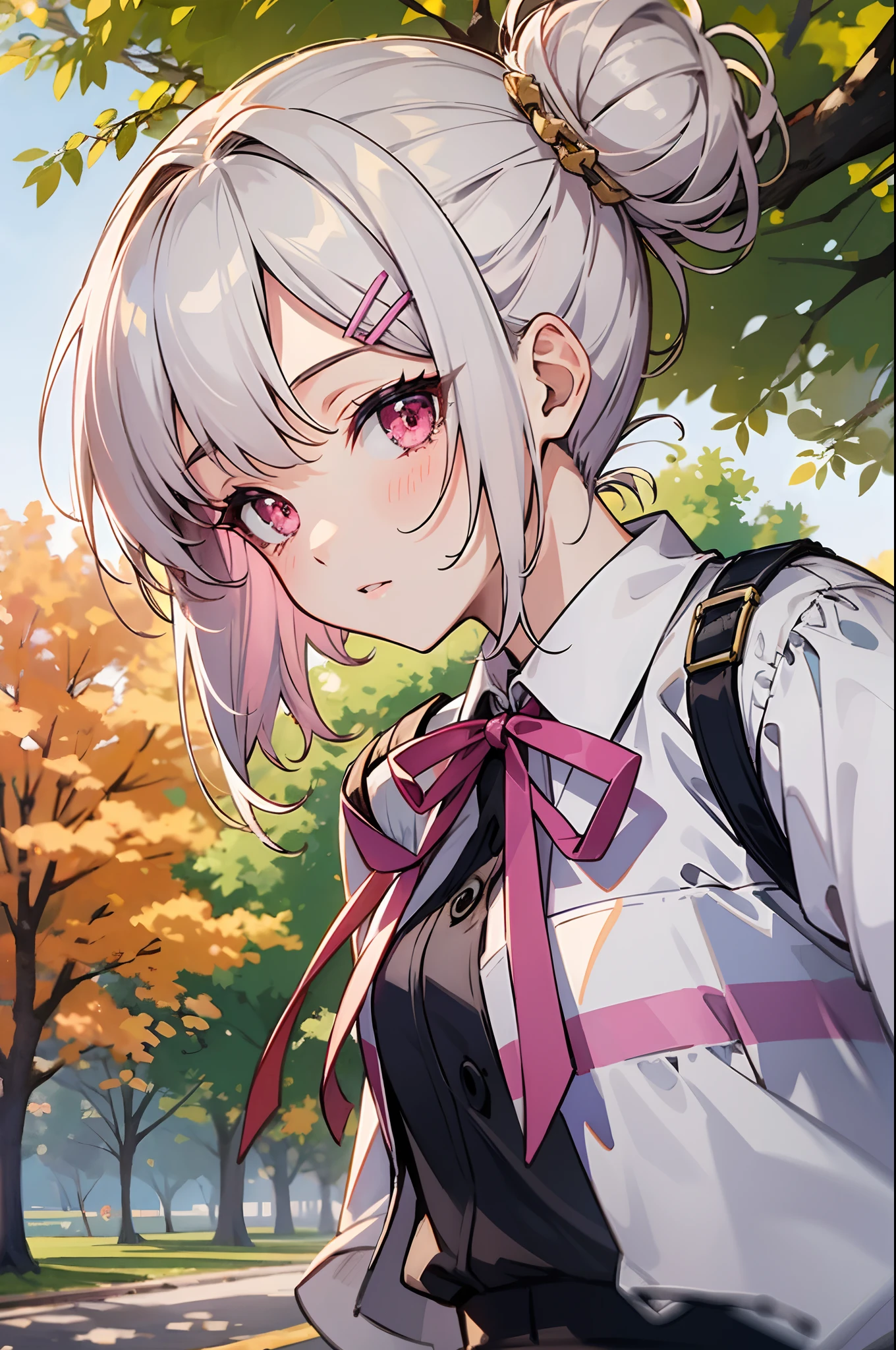 ​masterpiece, top-quality, hight resolution, ighly detailed, 细致背景, 电影灯光, 1girl in, She is 17 years old, Medium chest, Student uniform, White blouse、culottes、Pink ribbon, Short hairstyle with silver hair and bob, Hair tied in a bun with a hair clip, Pink eyes, looking at the viewers, buliding, outside of house, Trees in autumn, bokeh dof,