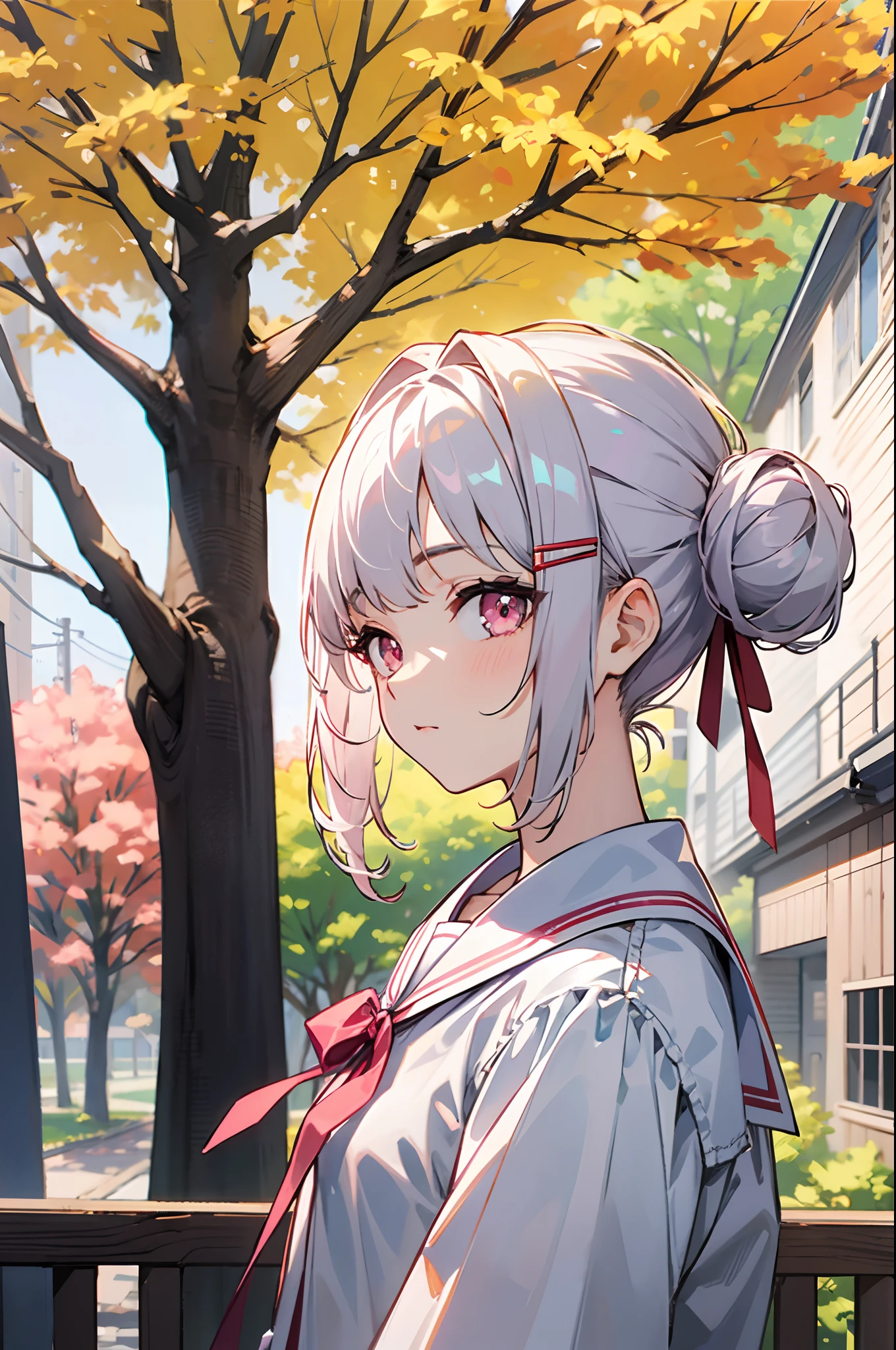 masterpiece, top-quality, hight resolution, ighly detailed, 细致背景, 电影灯光, 1girl in, She is 17 years old, Medium chest, Student uniform, White blouse、culottes、Pink ribbon, Short hairstyle with silver hair and bob, Hair tied in a bun with a hair clip, Pink eyes, looking at the viewers, buliding, outside of house, Trees in autumn, bokeh dof,