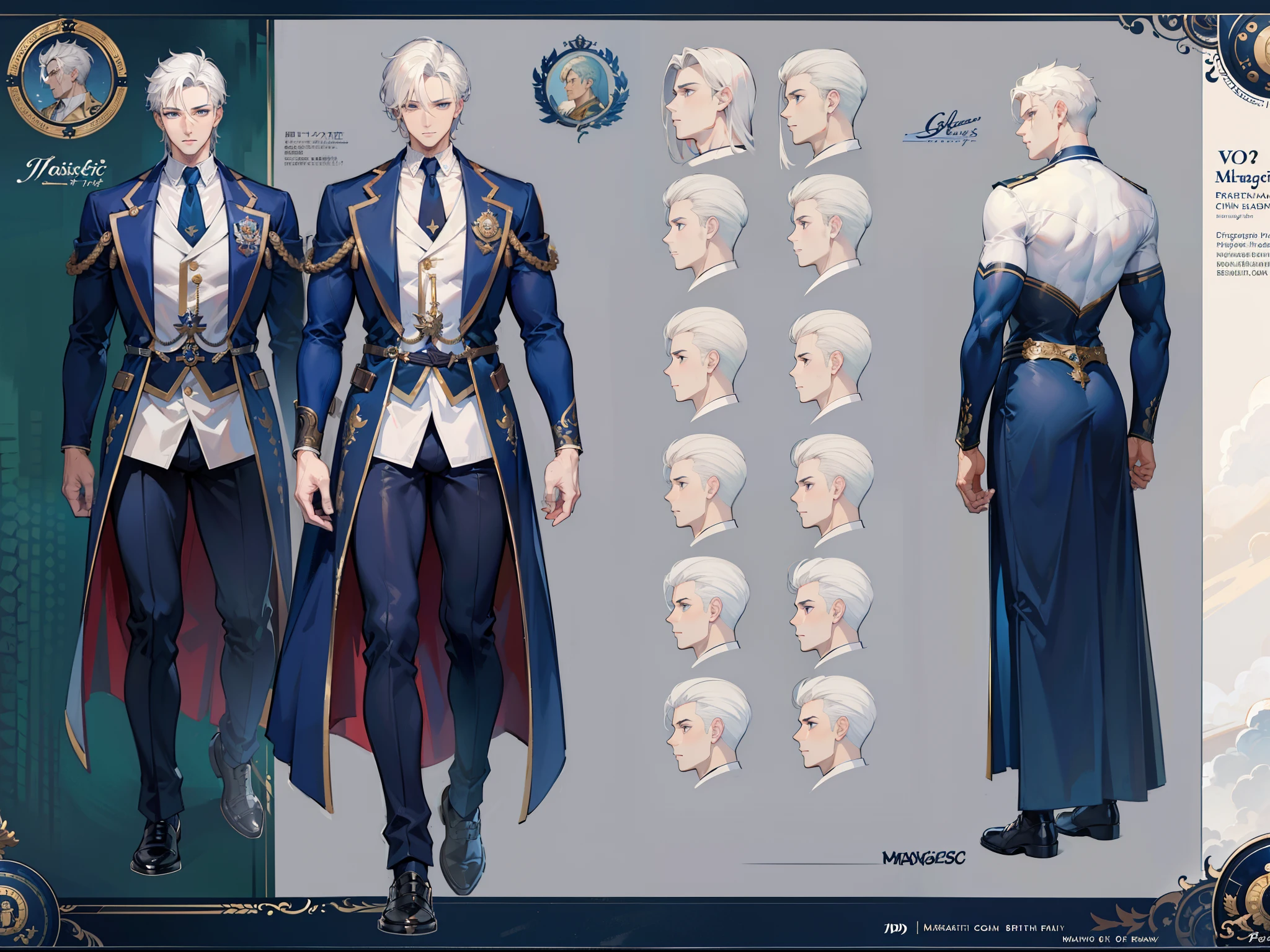 ((Masterpiece, Highest quality)), Detailed face, character design sheet, full bodyesbian, Full of details, frontal body view, back body view, Highly detailed, Depth, Many parts, Muscle boy with white hair,handsome man, navy, commander, man tall
