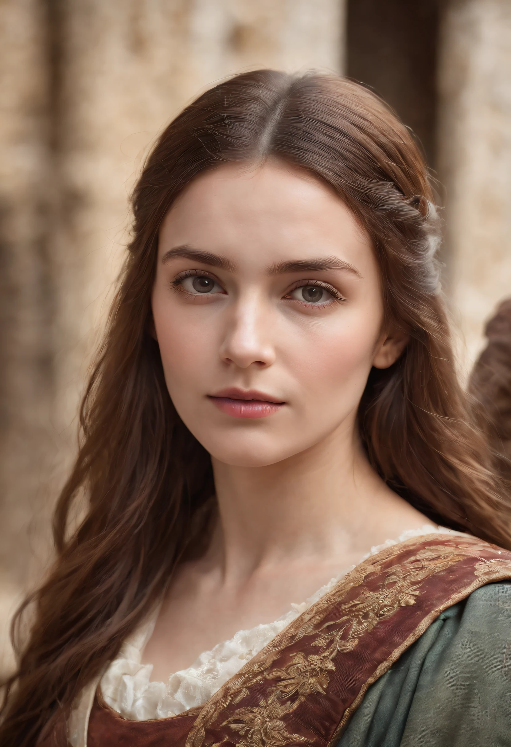 cinematic portrait, upper-body, s face, face facing audience, (Reality :1.3), One of the most beautiful works of art in the world, A woman looks at the camera, Medieval costumes, (Old clothes are damaged and weathered; :1.4), detailed beautiful face, Action Shooting, Prehistory of the ancient city, Realistic photos, computer graphics, Art Station