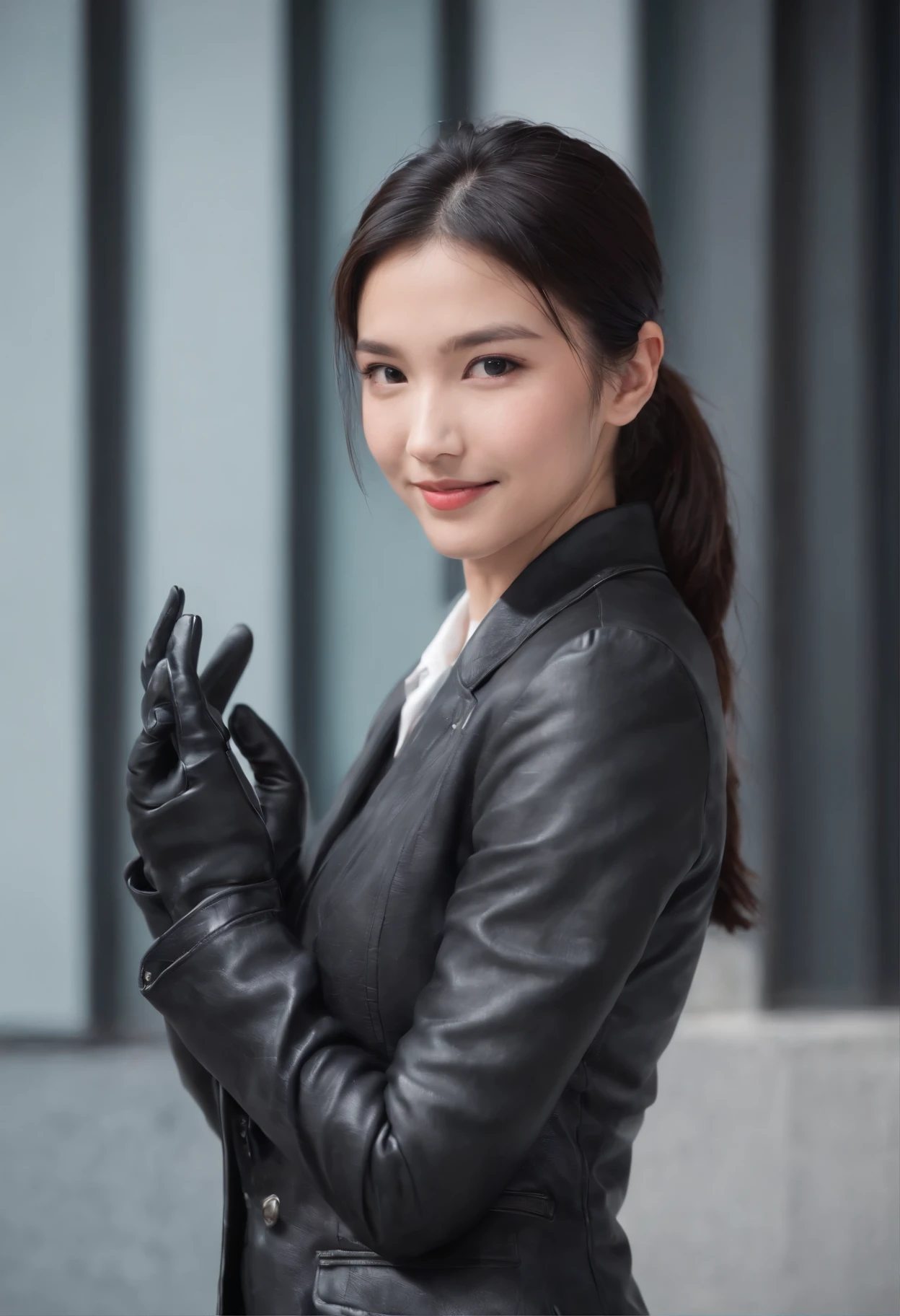 Black leather gloves in both hands, blazer and ribbon uniform, black hair ponytail, upper body, conversation with a smile with a black smartphone, cute Japanese girl (black leather gloves covering both hands) traveling alone