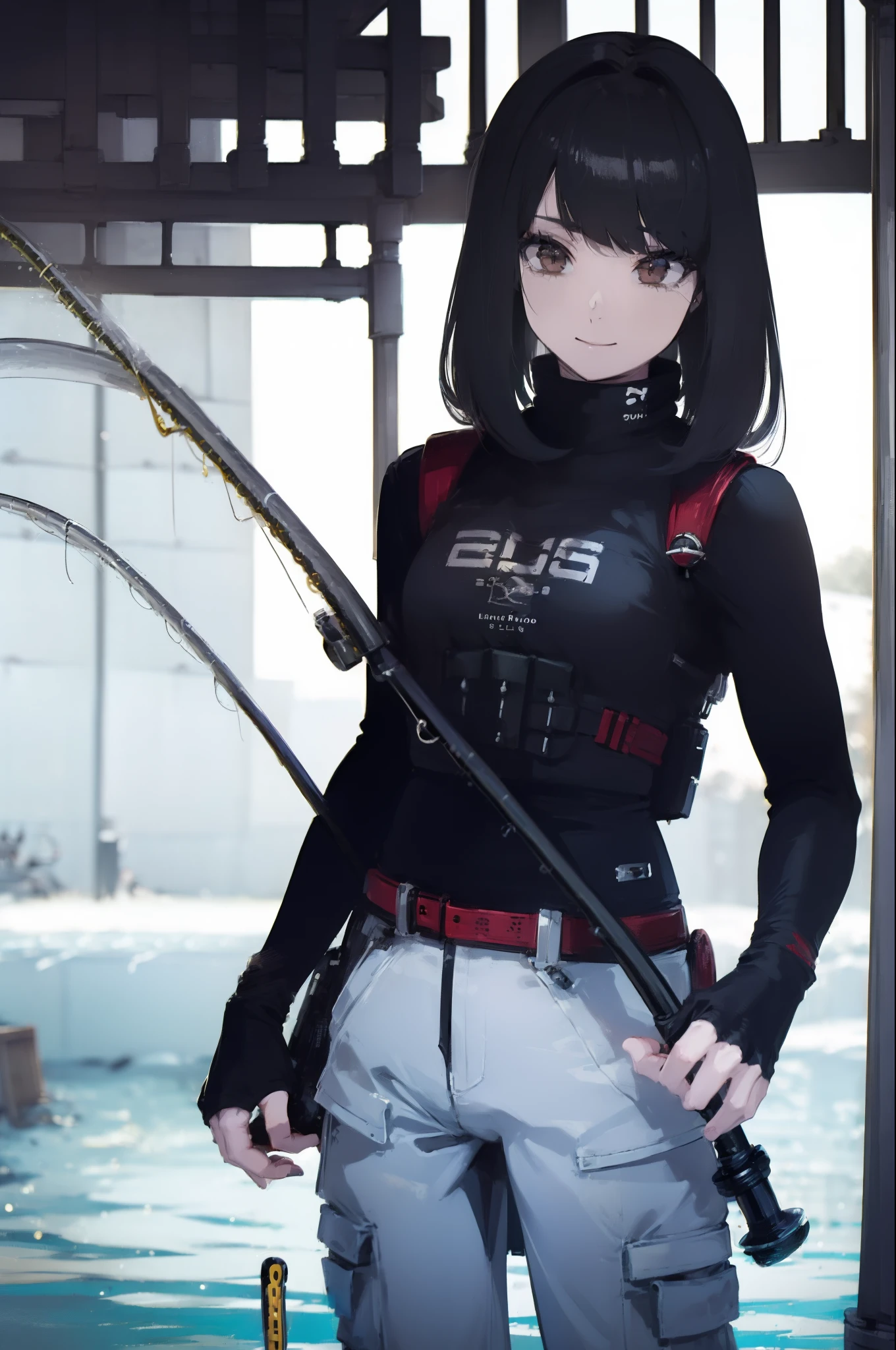 ((((Have a fishing rod with a reel:1.5)))),((Female 28 years old)),((Best Quality:1.5)),(((Fine fingers、Ratio 4 fingers and 1 thumb,detailed arms,detailed human hands))),(((Hands with the correct number and structure of fingers:1.4))),((Lakeside:1.37)),hight resolution,ultra-detailliert,​masterpiece,best qualtiy,(Eight-headed body),(1 fishing rod,Holding a fishing rod in your hand,Fishing lure rod,Fishing Reels,Long Sleeve Outdoor Vest,Long pants for fishing,Big backpack),thin and long legs,Beautiful hip line,Beautiful spine,constricted back,Toned waist,beutiful breast),,Gentle smile,shiny lip,(1 fishing rod,Straight stretch fishing rod,Long fishing rod,Woman fishing with fishing rod in hand),Black hair, long eyeslashes, Solid Circle Eyes, drop shadow, Atmospheric perspective,Super Detail, ccurate, small brest,top-quality, blurry backround, bokeh dof:1.2, (​masterpiece:1.3), Atmospheric perspective,Super Detail,dynamic compositions, Ultra High Quality,