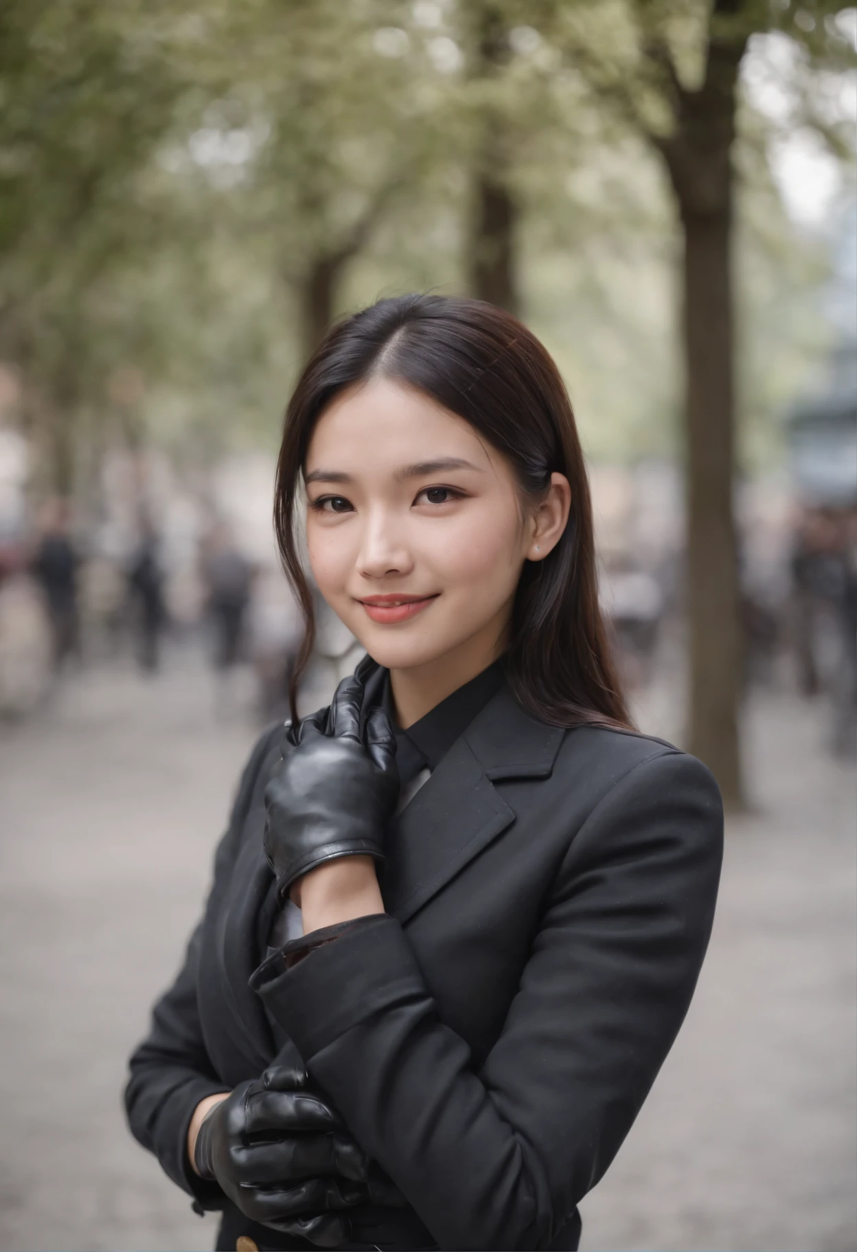 Black leather gloves in both hands, blazer and ribbon uniform, black hair ponytail, upper body, conversation with a smile with a black smartphone, cute Japanese girl (black leather gloves covering both hands) traveling alone