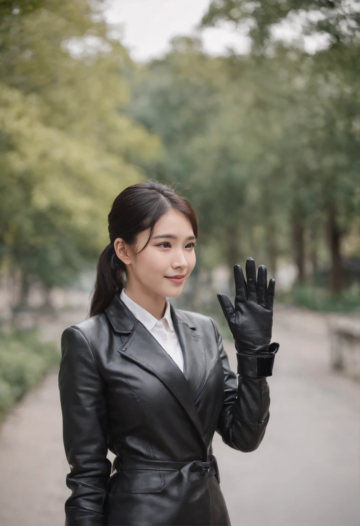 Black leather gloves in both hands, blazer and ribbon uniform, black hair ponytail, upper body, conversation with a smile with a black smartphone, cute Japanese girl (black leather gloves covering both hands) traveling alone