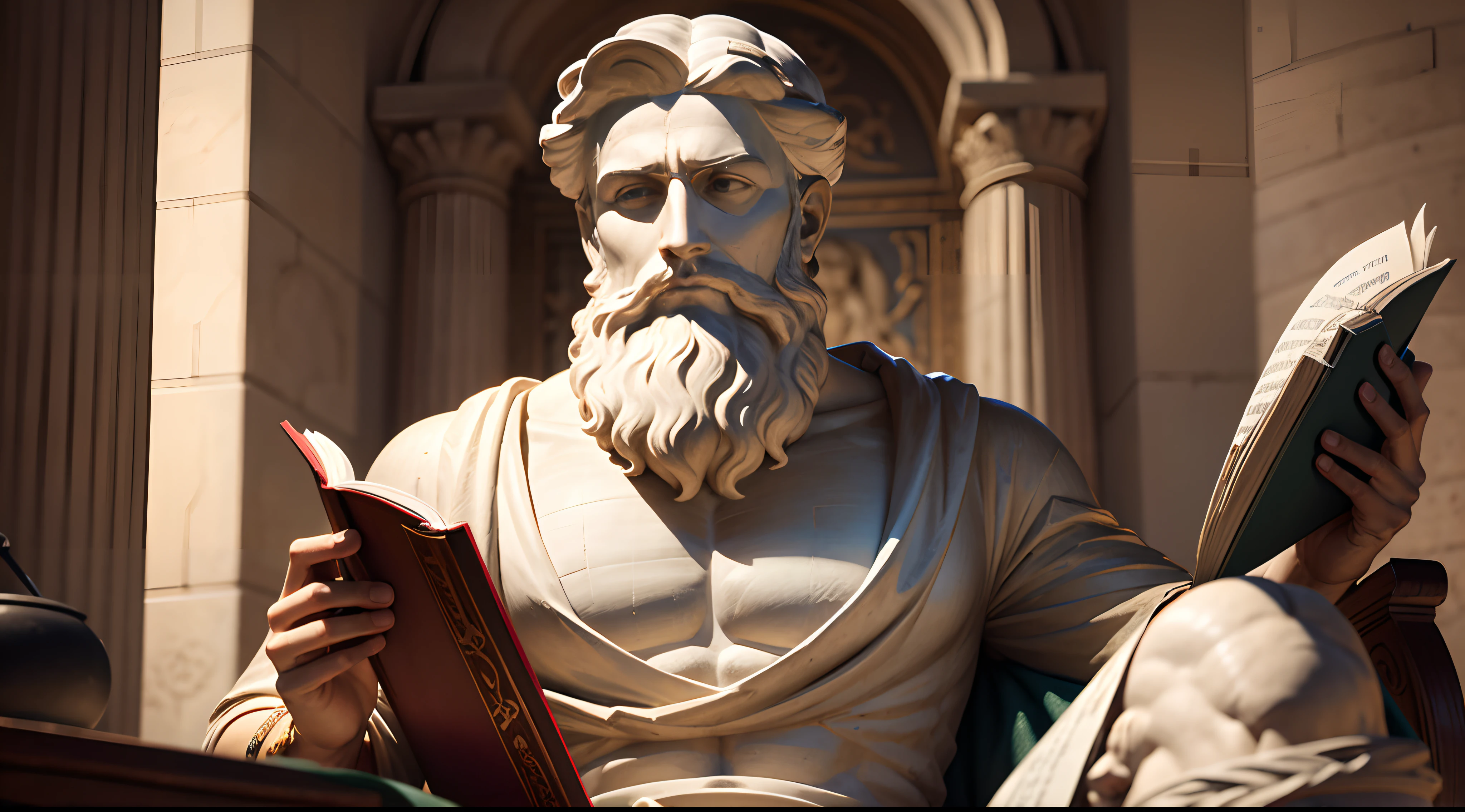 Greek Statue Of A Stoic Philosopher, Musical, With Beard, Reading A Book, 4k, 16x9