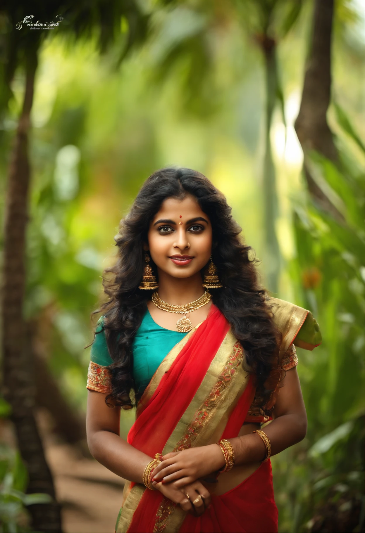 Create an image of a Kerala traditional girl with long, curly hair. She should be looking directly at the camera with a clear and realistic expression on her face. The girl should be wearing traditional Kerala attire, which typically includes a saree or a salwar kameez, and adorned with traditional jewelry and accessories. The background should reflect the cultural and natural beauty of Kerala, with lush greenery and perhaps elements like coconut trees or a serene backwater scene,hot girl, hidden with a sticker,illustration, (best quality, highres), vibrant colors, glowing lighting