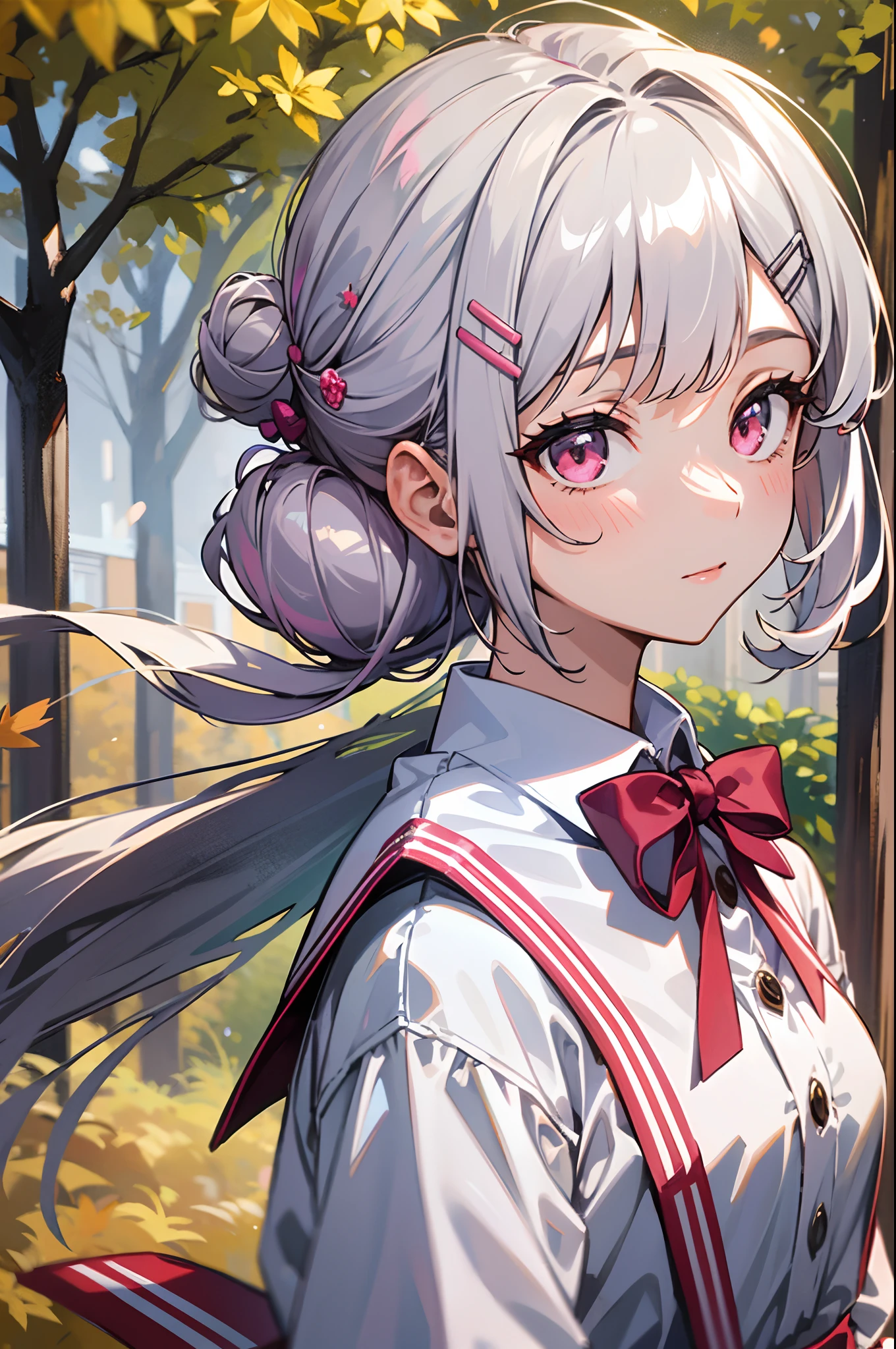 ​masterpiece, top-quality, hight resolution, ighly detailed, 细致背景, 电影灯光, 1girl in, She , Medium chest, Student uniform, White blouse、culottes、Pink ribbon, Short hairstyle with silver hair and bob, Hair tied in a bun with a hair clip, Pink eyes, looking at the viewers, buliding, outside of house, Trees in autumn, bokeh dof,