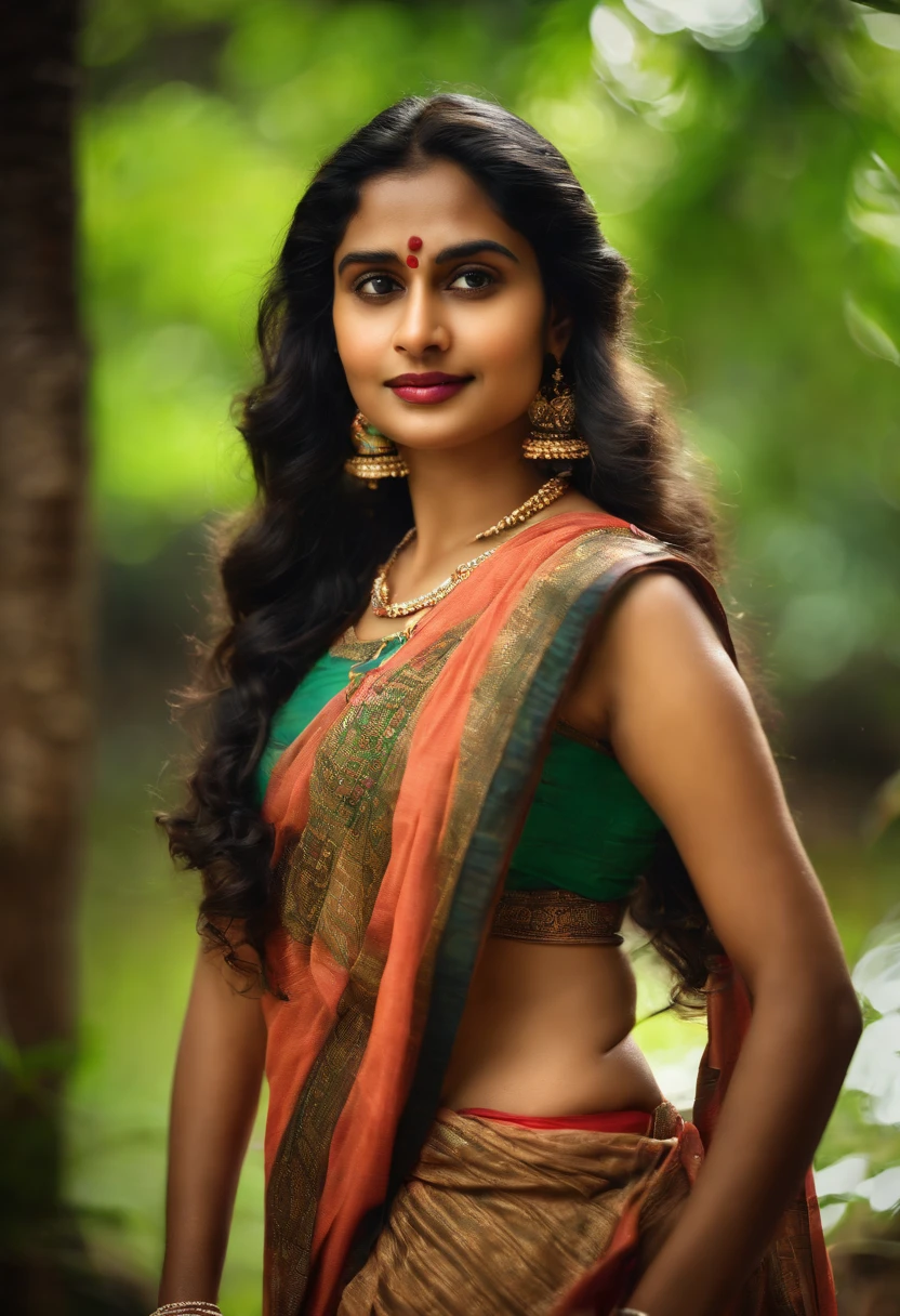 Create an image of a Kerala traditional girl with long, curly hair. She should be looking directly at the camera with a clear and realistic expression on her face. The girl should be wearing traditional Kerala attire, which typically includes a saree or a salwar kameez, and adorned with traditional jewelry and accessories. The background should reflect the cultural and natural beauty of Kerala, with lush greenery and perhaps elements like coconut trees or a serene backwater scene,hot girl, hidden with a sticker,illustration, (best quality, highres), vibrant colors, glowing lighting
