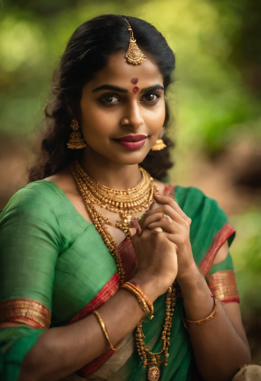 Create an image of a Kerala traditional girl with long, curly hair. She should be looking directly at the camera with a clear and realistic expression on her face. The girl should be wearing traditional Kerala attire, which typically includes a saree or a salwar kameez, and adorned with traditional jewelry and accessories. The background should reflect the cultural and natural beauty of Kerala, with lush greenery and perhaps elements like coconut trees or a serene backwater scene,hot girl, hidden with a sticker,illustration, (best quality, highres), vibrant colors, glowing lighting