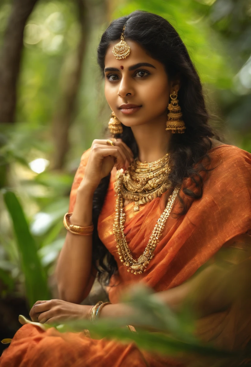 Create an image of a Kerala traditional girl with long, curly hair. She should be looking directly at the camera with a clear and realistic expression on her face. The girl should be wearing traditional Kerala attire, which typically includes a saree or a salwar kameez, and adorned with traditional jewelry and accessories. The background should reflect the cultural and natural beauty of Kerala, with lush greenery and perhaps elements like coconut trees or a serene backwater scene,hot girl, hidden with a sticker,illustration, (best quality, highres), vibrant colors, glowing lighting