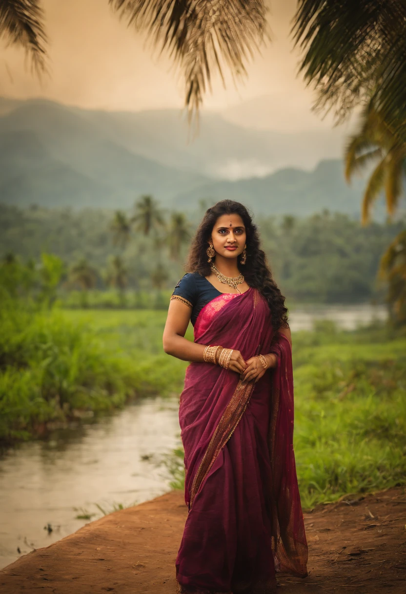 Create an image of a Kerala traditional girl with long, curly hair. She should be looking directly at the camera with a clear and realistic expression on her face. The girl should be wearing traditional Kerala attire, which typically includes a saree or a salwar kameez, and adorned with traditional jewelry and accessories. The background should reflect the cultural and natural beauty of Kerala, with lush greenery and perhaps elements like coconut trees or a serene backwater scene,hot girl, hidden with a sticker,illustration, (best quality, highres), vibrant colors, glowing lighting