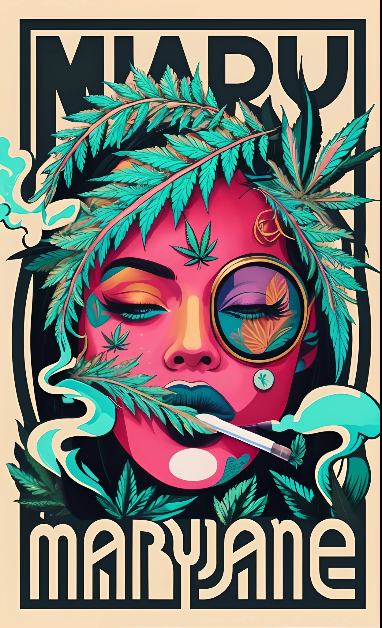 um cartaz com uma mulher com folhas de maconha no rosto, Jen Bartel, personification of marijuana, in illustration style digital, psychedelic illustration, extremely high quality artwork, paranoia da cannabis, Arte de Alessandro Pautasso, No estilo de Cyril Rolando, Arte Trippy, full-colour illustration, arte do Adobe Illustrator, organic marijuana painting, full-colour illustration, digital art illustration