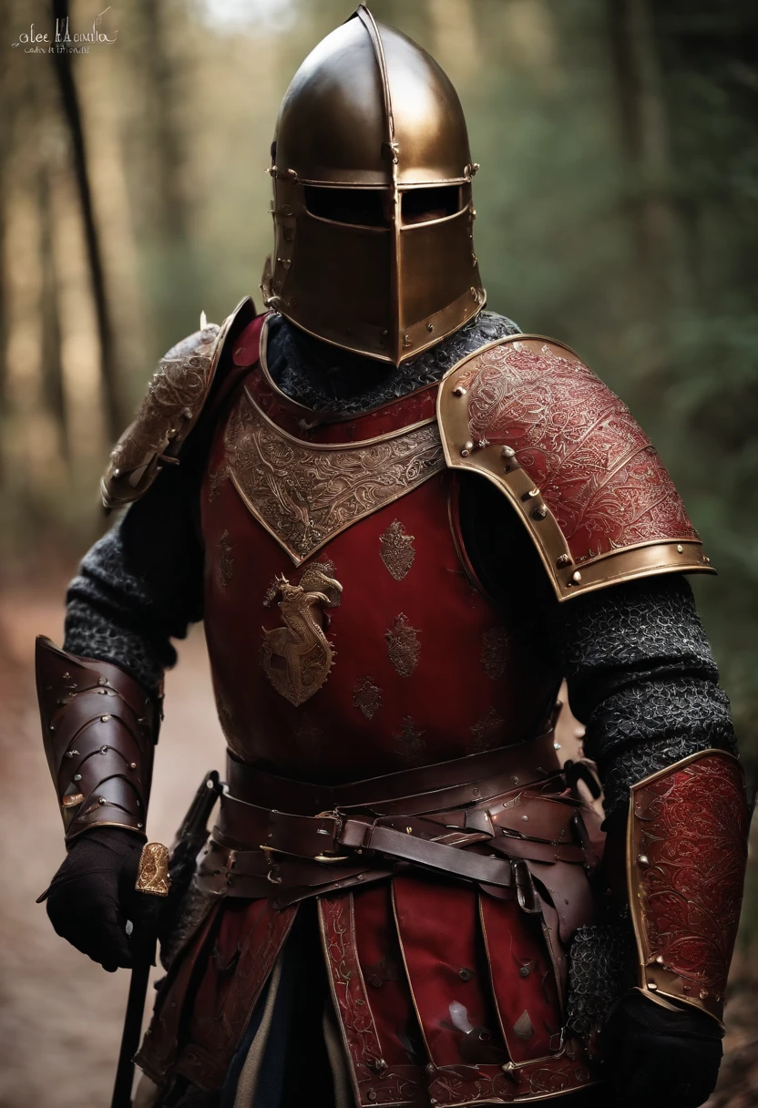 Crie uma imagem de um soldado medieval com armadura com detalhes vermelhos. Ajoelhado e machucado, com partes da armadura danificada e desacordado. No estilo anime, sem fundo.