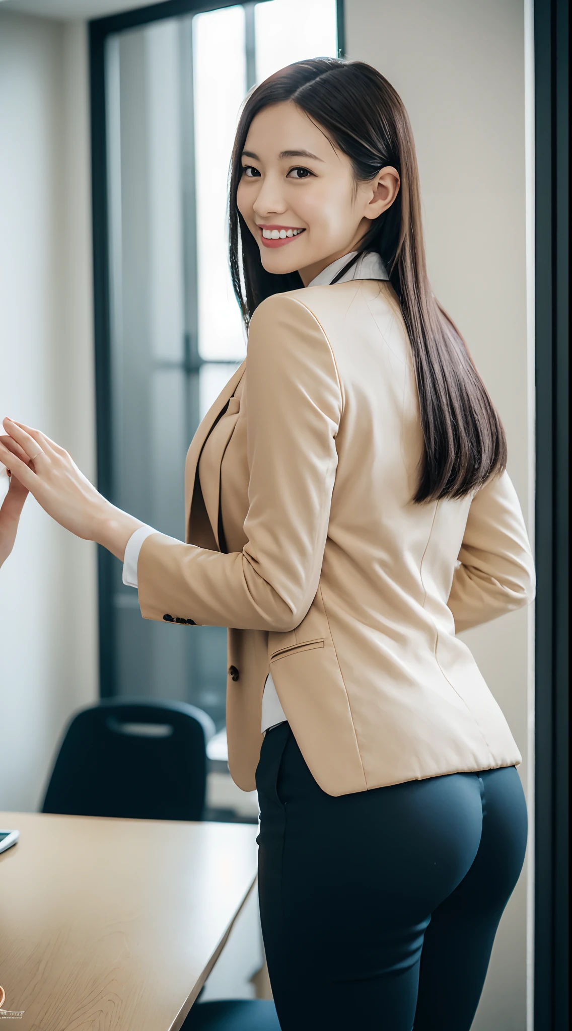 masutepiece, Best Quality, 超A high resolution,(photographrealistic:1.4) (depth of fields),(Lens Glow) , jaket:1.5、Inside the office:1.5、a Pretty Japanese woman:1.5、officeworker、Sexy buttocks:1.5、put hands on the hip:1.5、smil、Tight pants