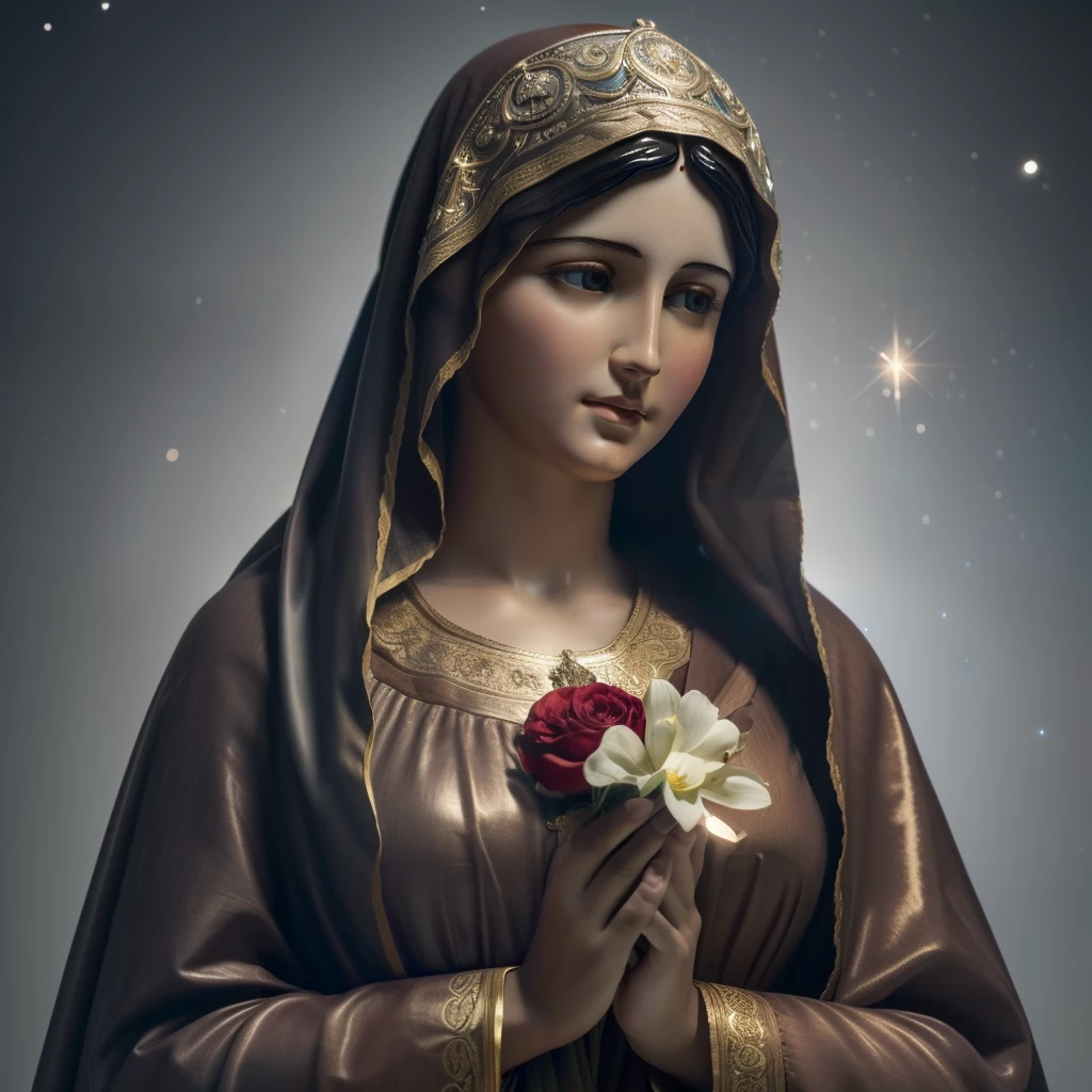 (((Blessed Virgin Mary of Mount Carmel))) Luminoso, en estilo similar al del artista WILLIAM ADOLPHE BOUGUEREAU, obra maestra, (La mejor calidad: 1.2), (super fine: 1.2), illustration, (extremadamente delicado y hermoso: 1.2), movie angle, flotante, (Hermoso ojo de detalle: 1.1), (detalle luz: 1.1), Movie Lights, Cielo delicado, ojos azules, (Cola de caballo alta: 1.1), capa, ojuelos, cielo estrellado, (light particles: 1.1) dibujo, flor. (obra maestra), (La mejor calidad), (fotorrealista:1.3), 8k, Textura detallada de la piel, Textura detallada de la tela, hermosa cara detallada, Detalles intrincados, ultra detallado (cuerpo de cuerpo entero:1.2)